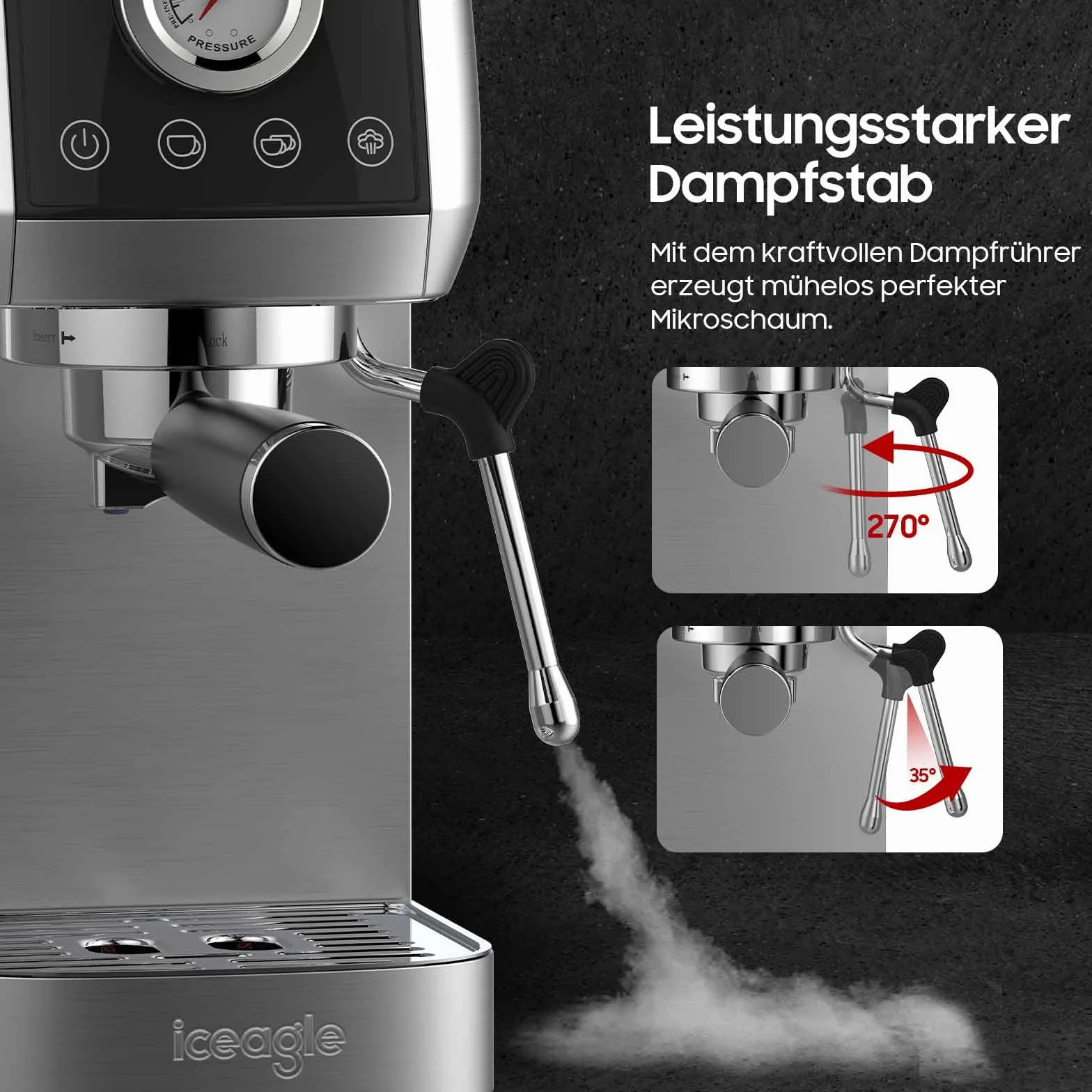 iceagle Ekspres do espresso CM1665B z włoską pompką 20 bar, sitko, stal nierdzewna, ekspres do kawy do cappuccino, latte, ekran dotykowy ze wskaźnikiem ciśnienia, zbiornik na wodę 1,3 l