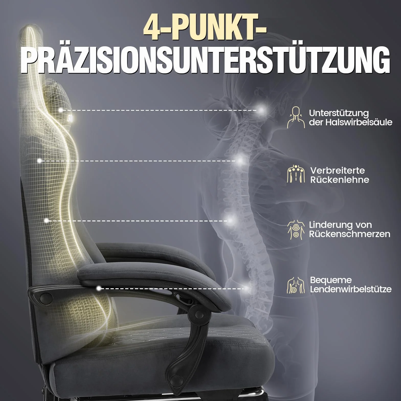 GTPLAYER Ergonomiczne krzesło gamingowe z tkaniny 150 kg regulowane obrotowe poduszka sprężynowa podnóżek szary