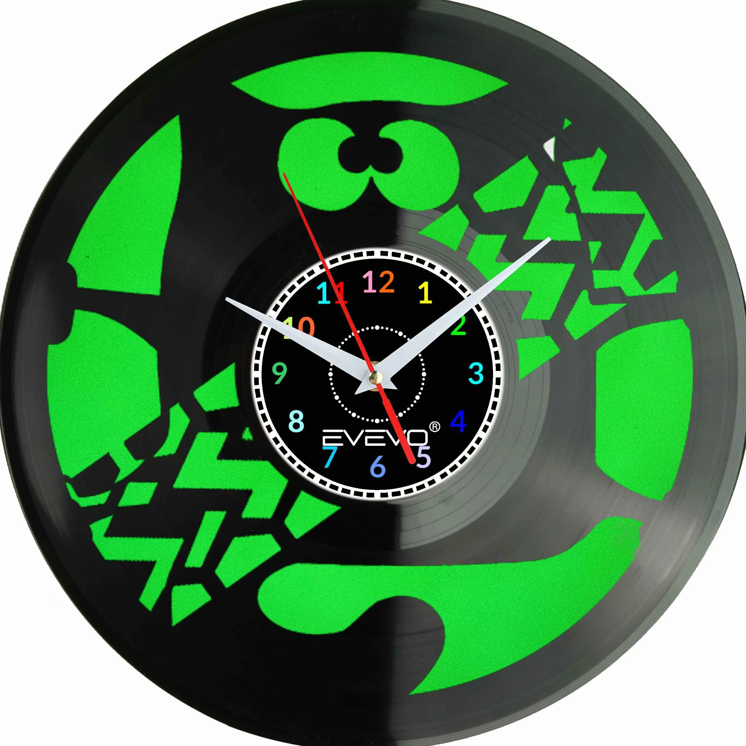 KOT KICIUŚ KOTEK MRUCZEK ZEGAR ŚCIENNY FLUORESCENCYJNE TŁO PŁYTA WINYLOWA PREZENT UPOMINEK URODZINY SOUVENIR EVEVO F0031