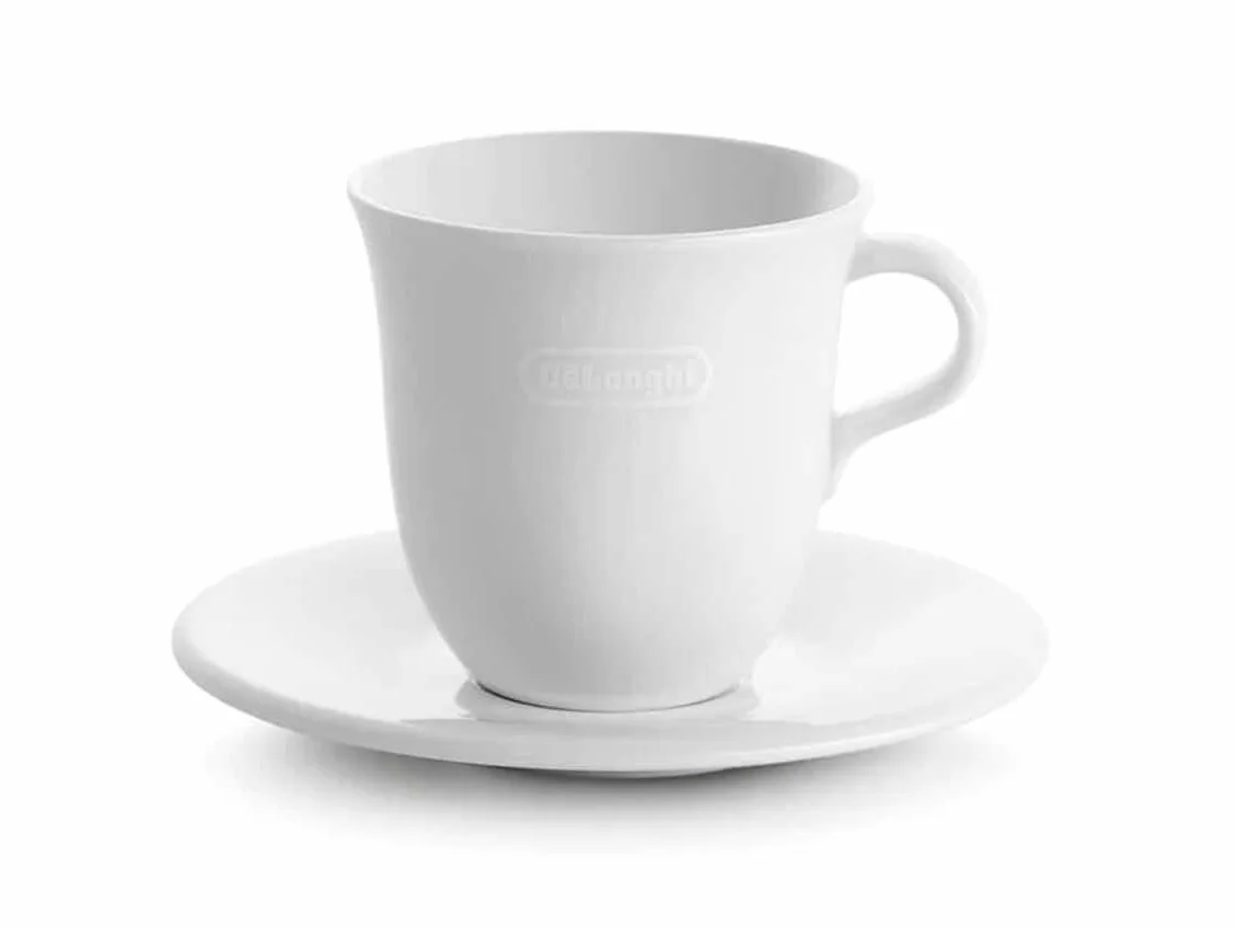 De'Longhi DLSC309 zestaw 2 ręcznie wykonanych kubków ceramicznych ze spodkami, nadaje się do kuchenki mikrofalowej i mycia w zmywarce, 270 ml, kolor biały