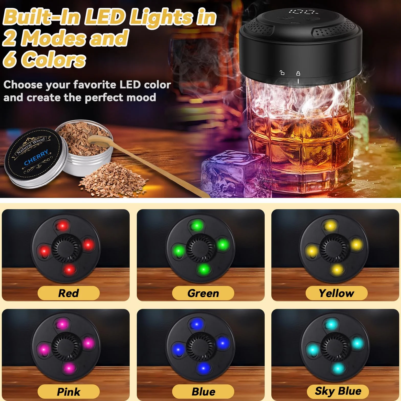 Elektryczna wędzarnia do whisky z ekranem LED i USB-C, zestaw z 6 rodzajami drewna