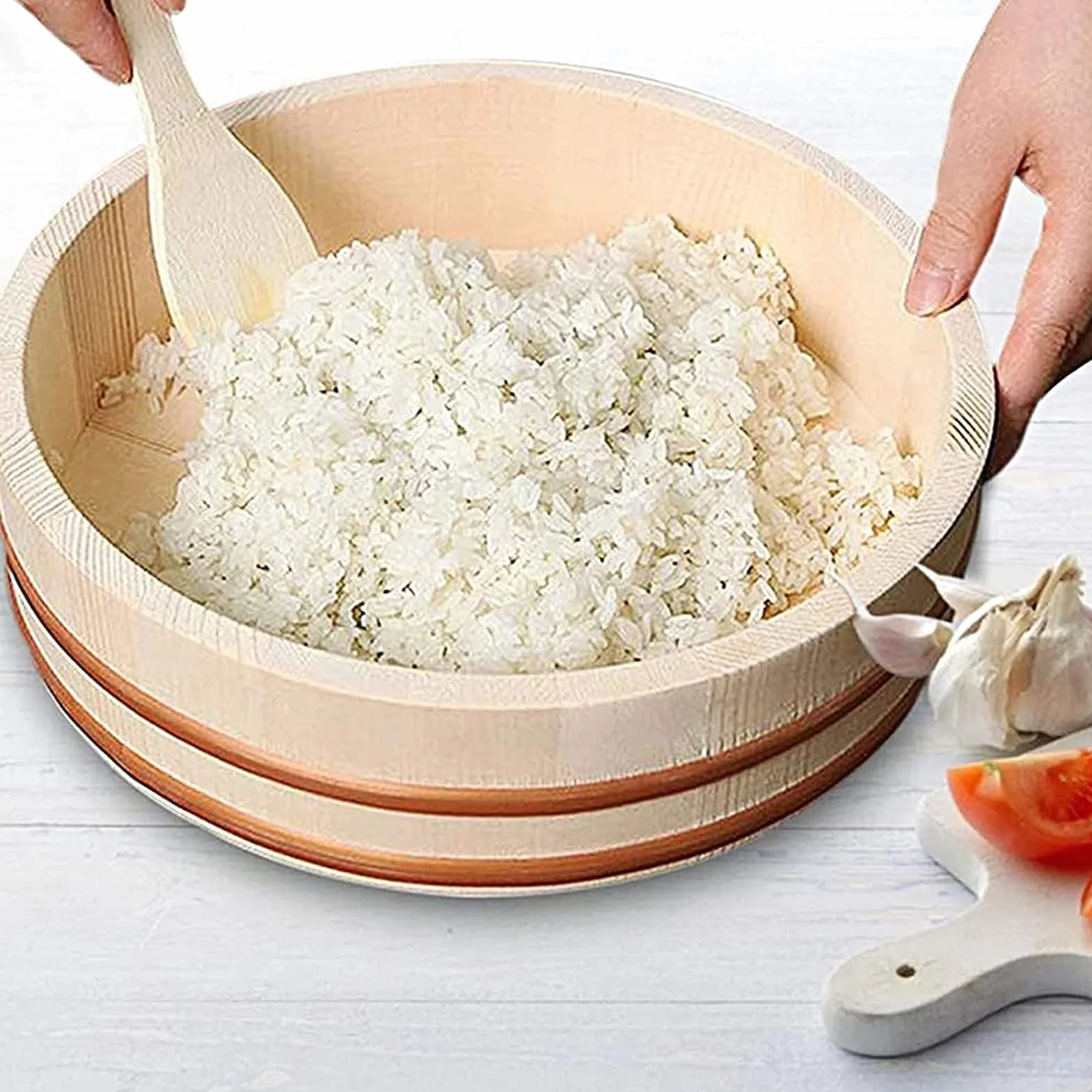Drewniana wanna do mieszania ryżu Hangiri Oke, zestaw do robienia sushi z wałkiem do ryżu, japońska miska do sushi, 48 cm