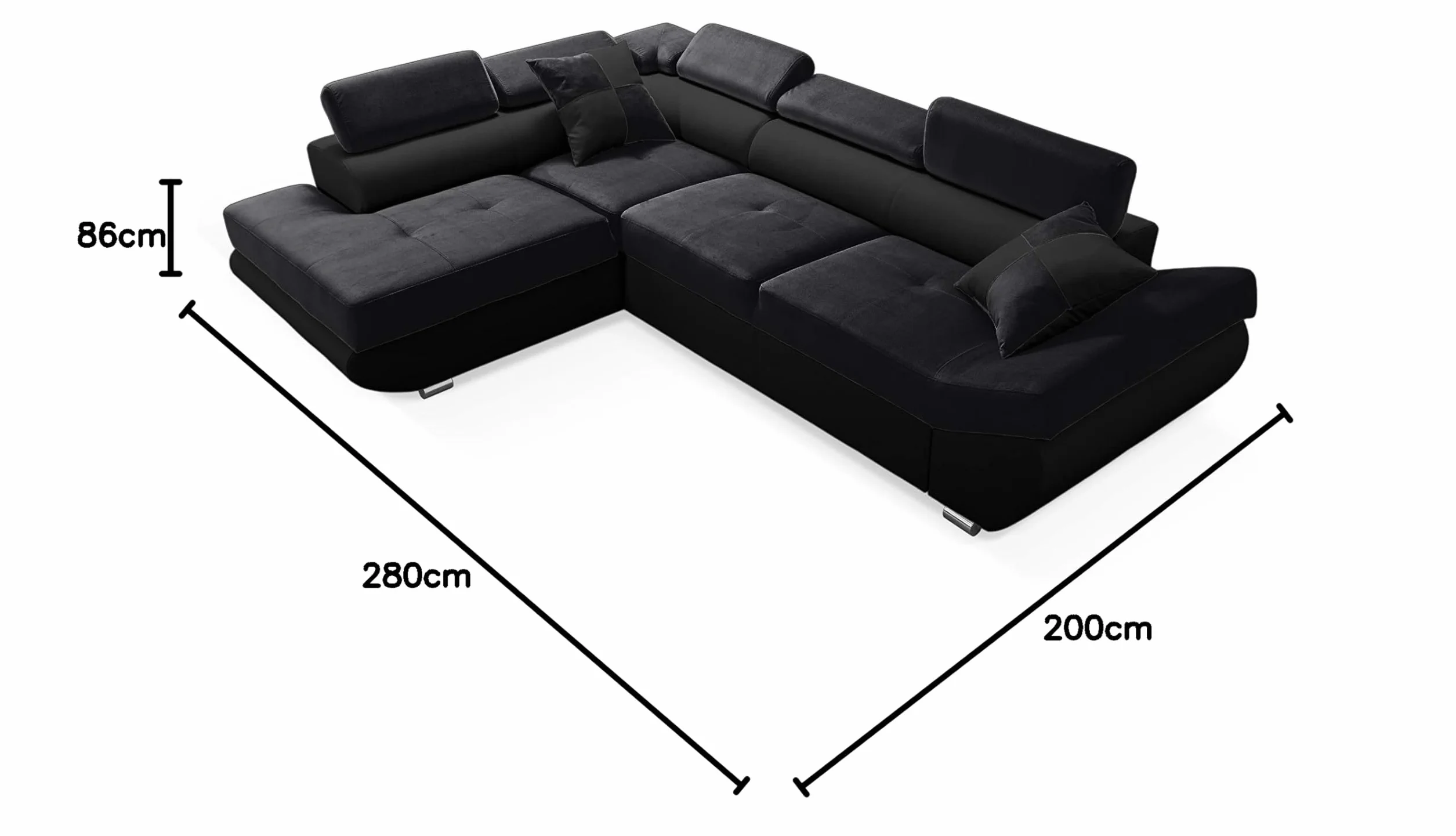 Robin Inspire Inspire Sofa narożna z funkcją spania i skrzynią na pościel, 280 cm, 4-osobowa sofa w kształcie litery L, sofa narożna z 5 regulowanymi zagłówkami i 2 poduszkami do salonu, kolor czarny