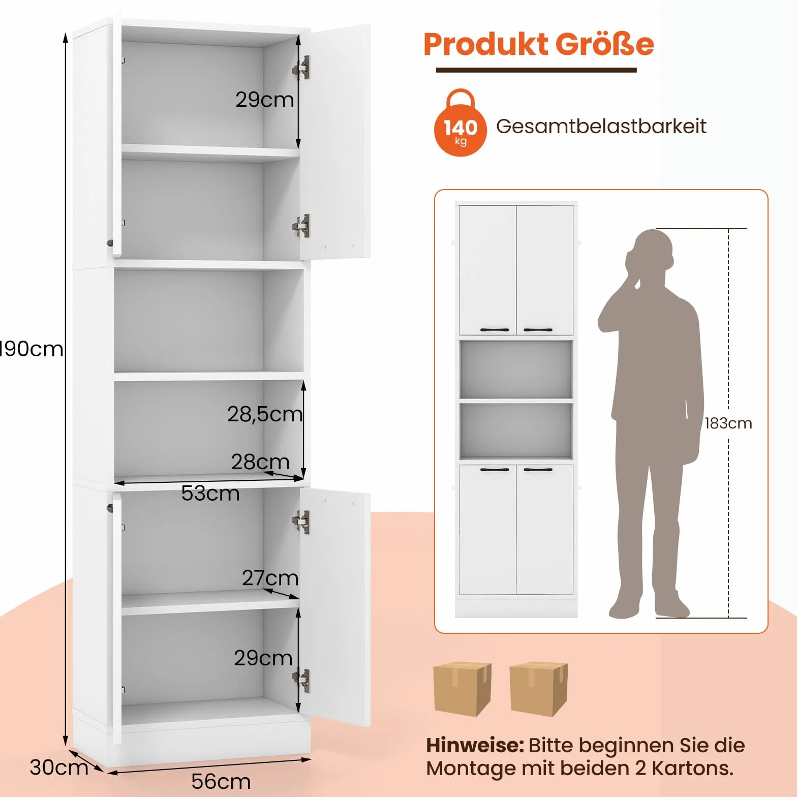 COSTWAY Szafka kuchenna o wysokości 190 cm, wysoka szafka z drzwiami, półkami, zawiasami bezpieczeństwa i zabezpieczeniem przed przewróceniem, wolnostojąca, uniwersalna szafka do jadalni, salonu