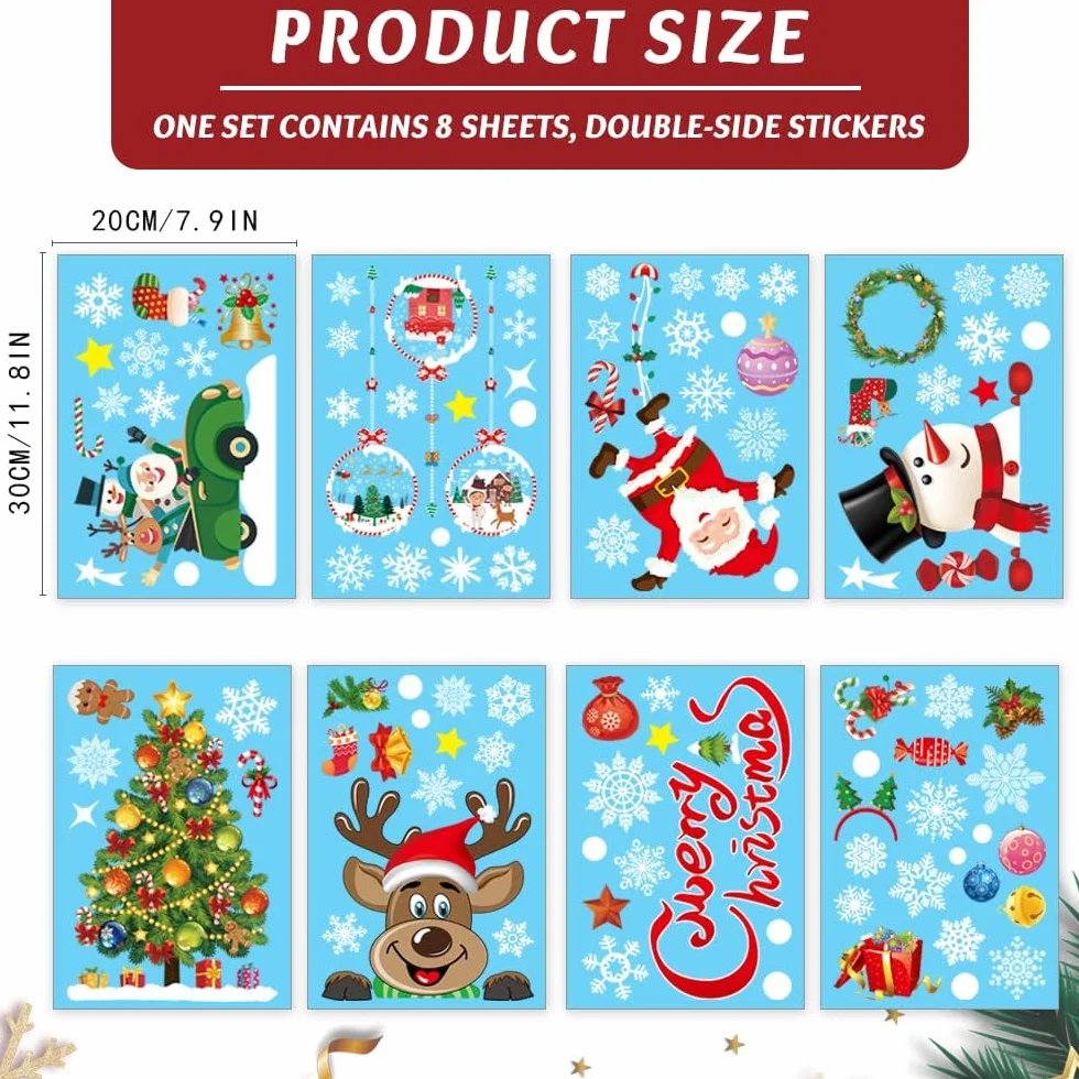 Świąteczne naklejki na okna Clings, Świąteczne dekoracje okienne Xmas naklejki na okna Dwustronne świąteczne naklejki na okna Decals Wielokrotnego użytku naklejki świąteczne na okna (8 arkuszy