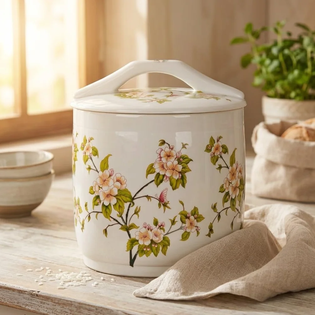 Ceramiczny słoik do przechowywania ryżu z pokrywką, hermetyczne wiadro do przechowywania ryżu, soi, kukurydzy, mąki, płatków owsianych, kawy - pojemność zbiorcza, dekoracja kuchni