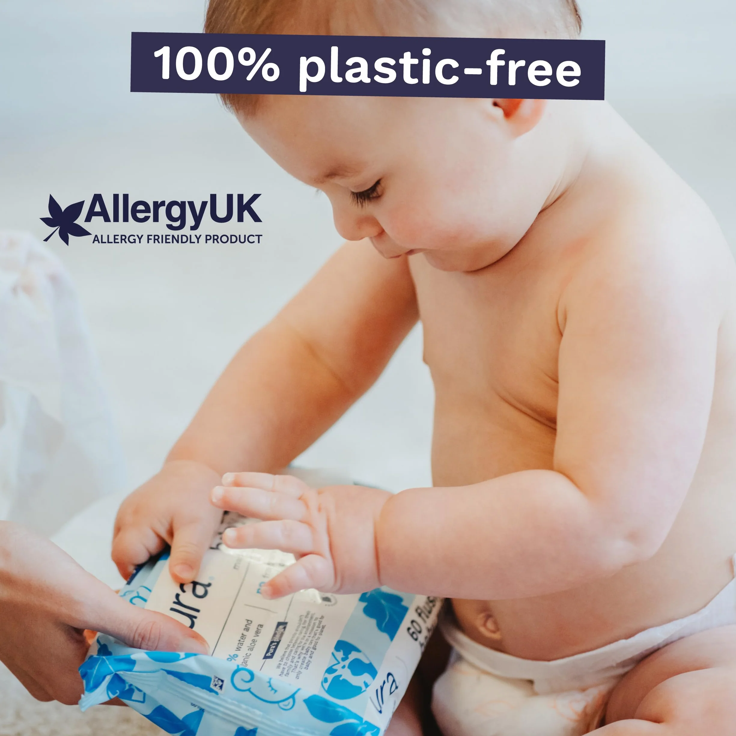 Pura Chusteczki do czyszczenia na mokro, 70 chusteczek (1 opakowanie), 99% wody, w 100% bez plastiku, odpowiednie dla wrażliwej i pozbawionej zapachu skóry, aloes, niemowląt, biodegradowalne,