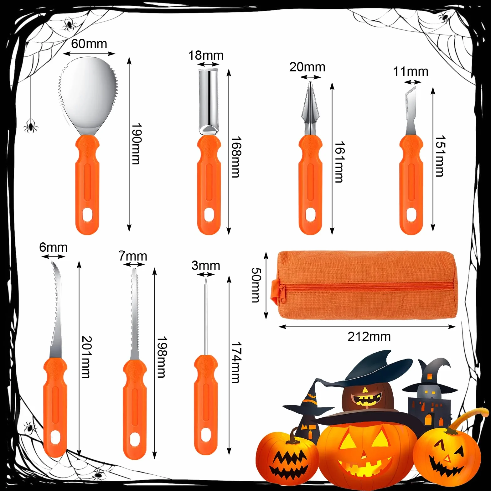 Zestaw noży do rzeźbienia w dyni ze stali nierdzewnej, 7-częściowy nóż do snycerki Halloween z torbą