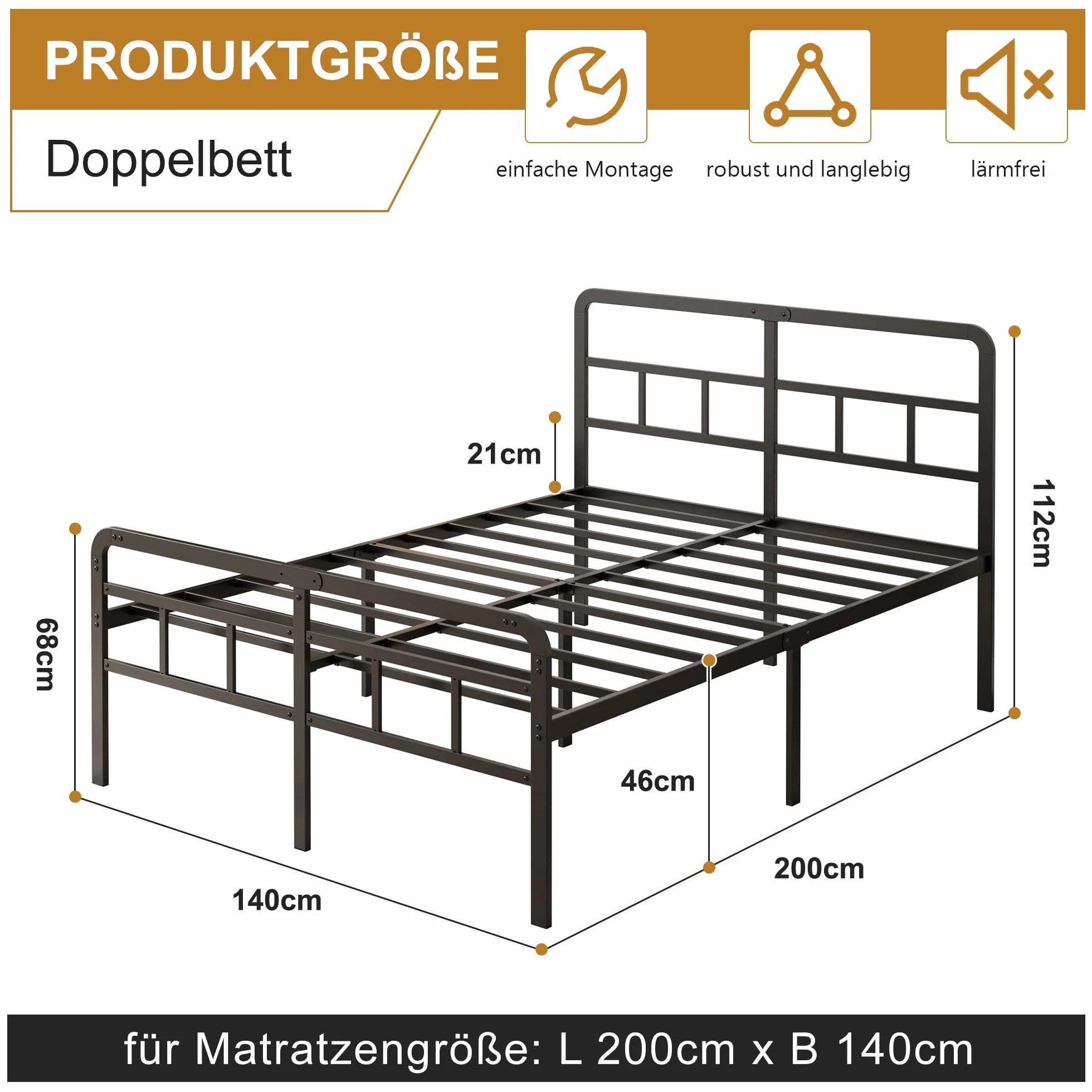 Yicensen Metalowa ramka łóżka 140x200 cm z zegarzkiem i poduszkiem łóżka, ramka metalowa o wysokości 46 cm z mocnym wspornikiem, miejsce na magazynowanie pod łóżkiem