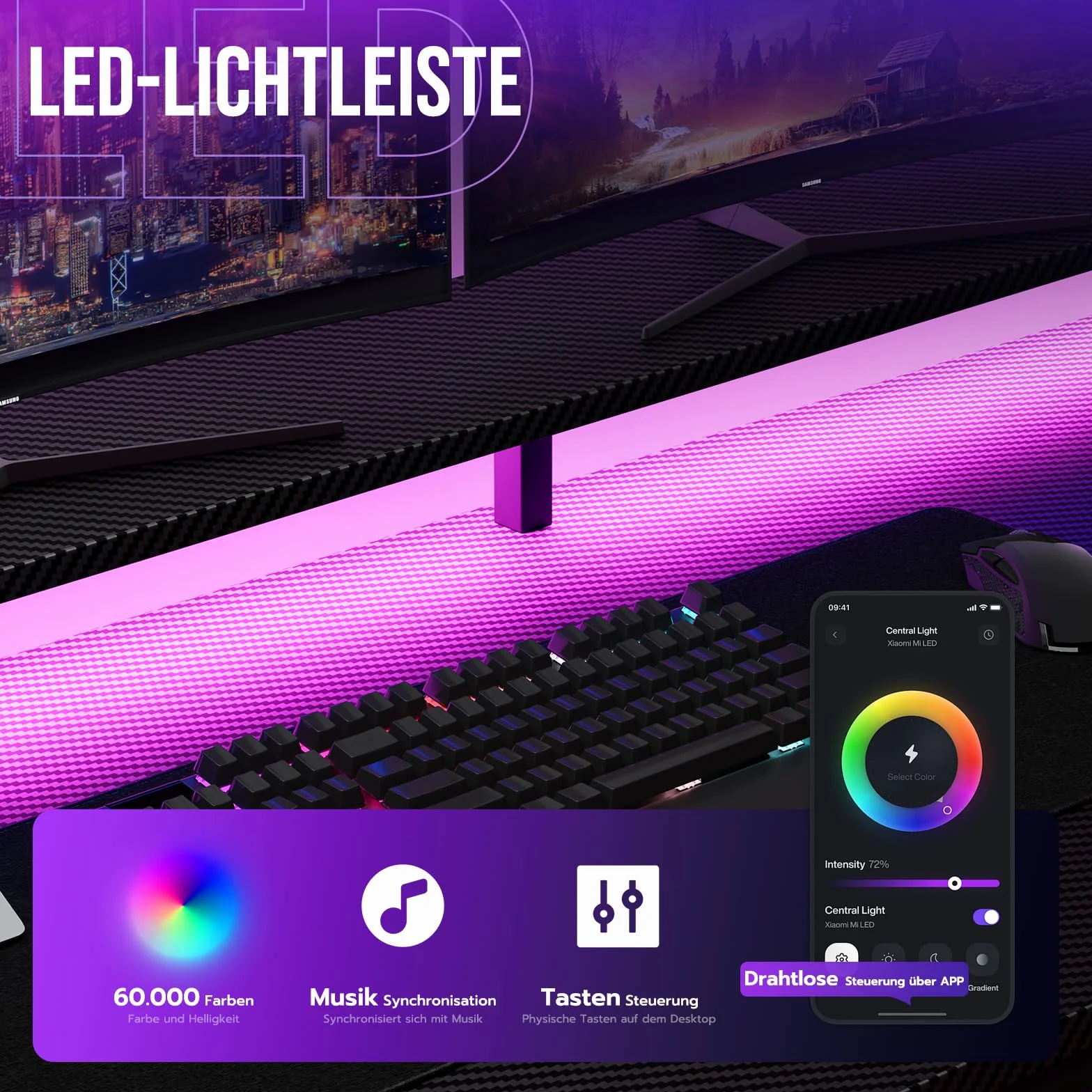 YOUDENOVA Biurko gamingowe 130 x 50 cm, stół gamingowy z oświetleniem LED i gniazdkiem, biurko komputerowe z szufladami, włókno węglowe, czarne