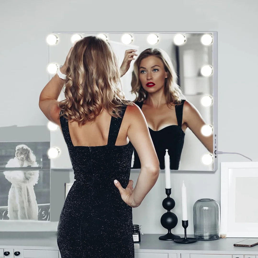 FENCHILIN Vanity Hollywood lusterko do makijażu z oświetleniem LED typu C i portem ładowania USB, 15 ściemniaczy, 3 tryby świecenia, lusterka do makijażu, montowane na ścianie, białe, 58 x 48 cm