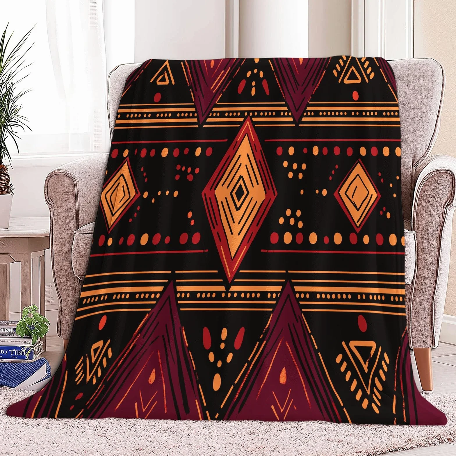 Koc flanelowy z polaru afrykańskie plemiona proste linie polar, narzuta na sofę Wygodny dwuosobowy koc na łóżko w kratę zimowy, 220 x 240 cm czarny i czerwony