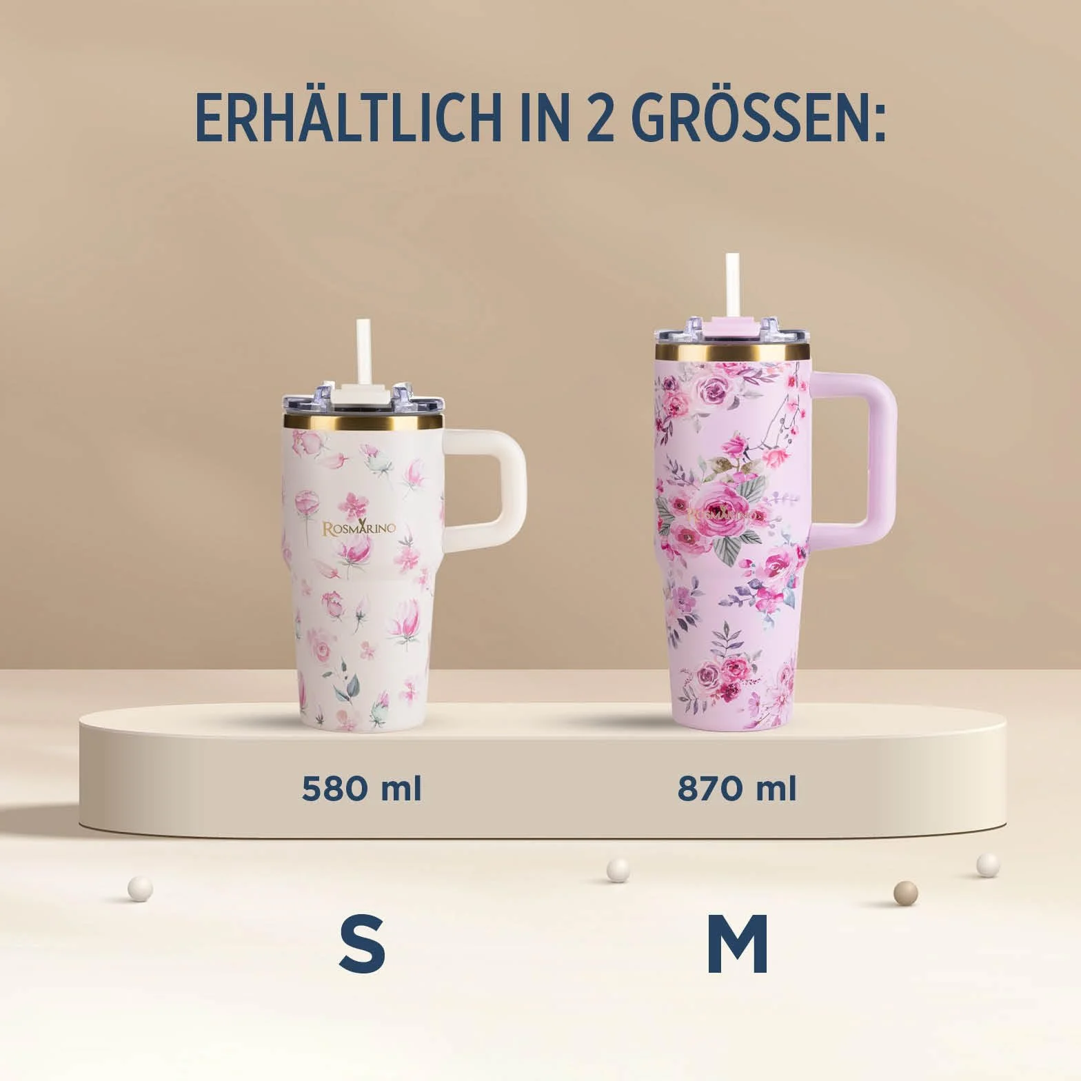 ROSMARINO MegaCup Roses 580 ml – kremowy – izolowany próżniowo kubek podróżny ze stali nierdzewnej – szczelny i wielokrotnego użytku – utrzymuje zimno przez 11 h i ciepło przez 7 h – nie zawiera BPA
