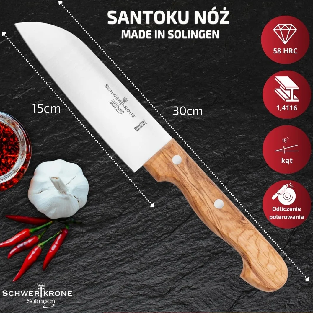 Schwertkrone Solingen Premium Santoku nóż szefa kuchni, ostrze 15 cm, uchwyt z drewna oliwkowego, idealny do mięsa i warzyw – nóż Santoku