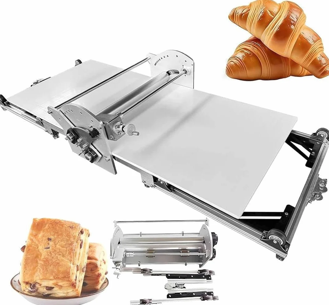 Komercyjna elektryczna maszyna do walcowania ciasta, składana konstrukcja ze stali nierdzewnej, kontrola grubości od 2 do 30 mm do pizzy i rogalików.