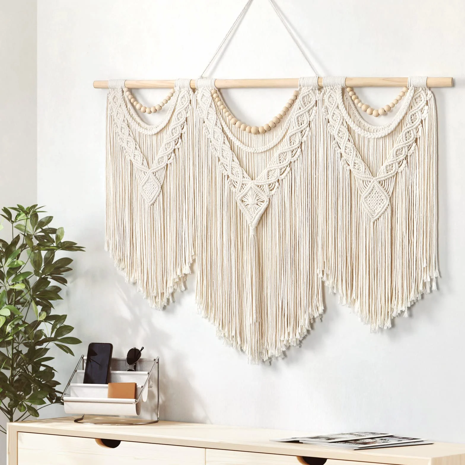 Dremisland Duża makrama, makrama, dywan ścienny, dekoracja ścienna w stylu boho, tkana, beżowe, frędzle, perły, sztuka ścienna, estetyczna chusta na ścianę, makrama, dekoracja ścienna, do sypialni