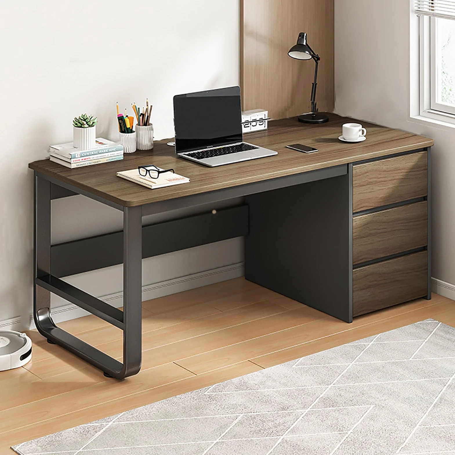 Nowoczesne biurko do biura domowego z 3 szufladami, drewniana stacja robocza, stabilny stół do nauki na PC/laptop, stylowe wykończenie orzechowe (120 x 50 x 75 cm / 47 x 20 x 29 cali)