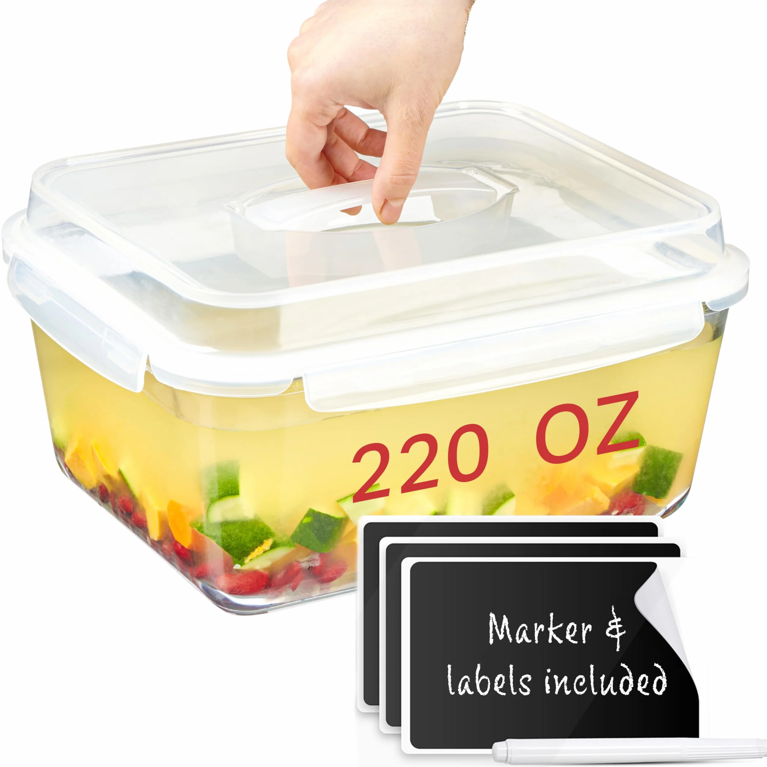 Bardzo duży szklany pojemnik do przechowywania żywności z hermetyczną pokrywką blokującą i uchwytem. 6500 ml / 28 filiżanek - przechowywanie żywności na lunch, warzyw, owoców, zapiekanek do pieczenia,