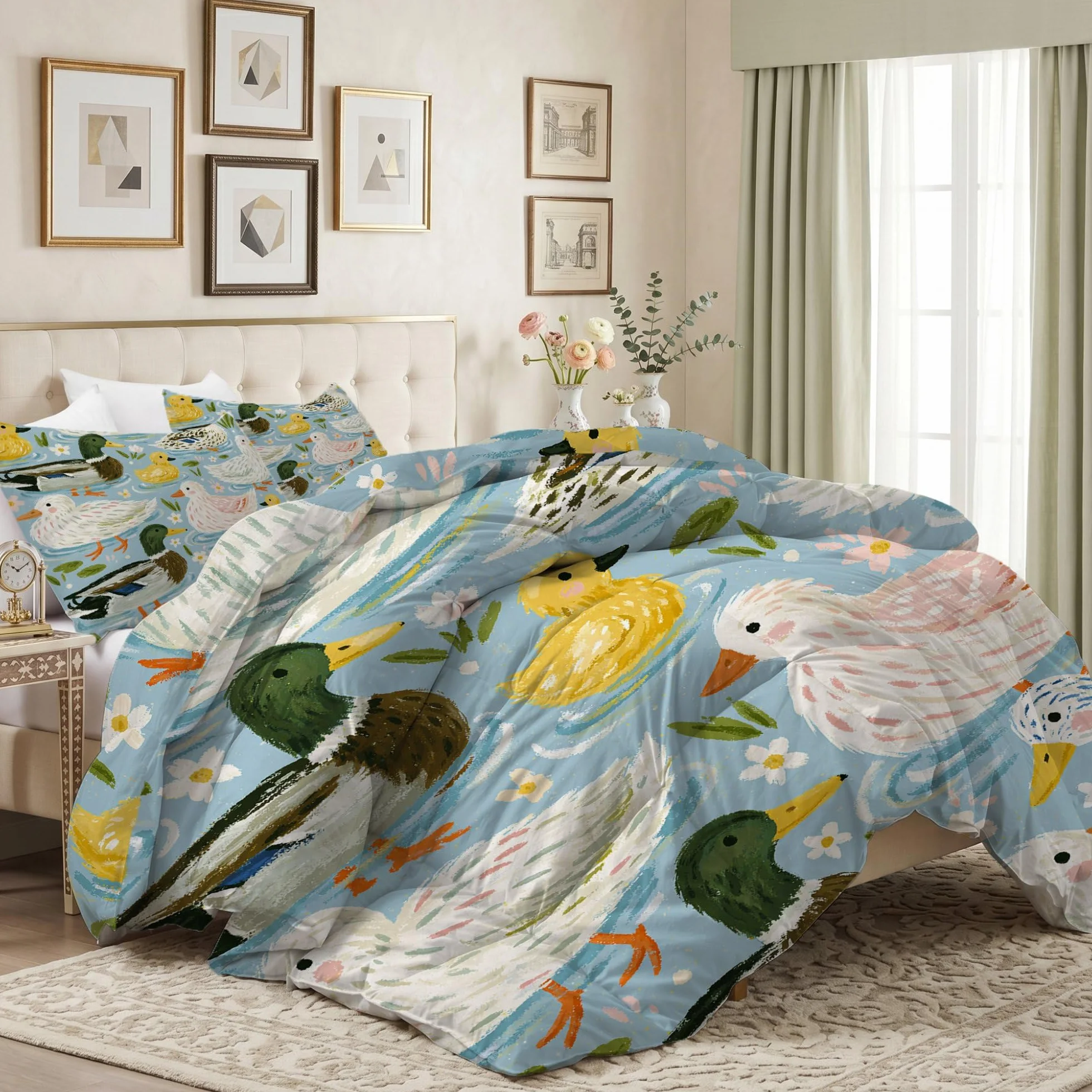 Duckling rustykalna kaczątko lilia wodna bez poszewki na kołdrę King (230 x 220 cm) 4,5 Tog, letnia kołdra z nadrukiem, dwustronna, lekka pościel z 2 poszewkami na poduszki (50 x 75 cm), niebieska