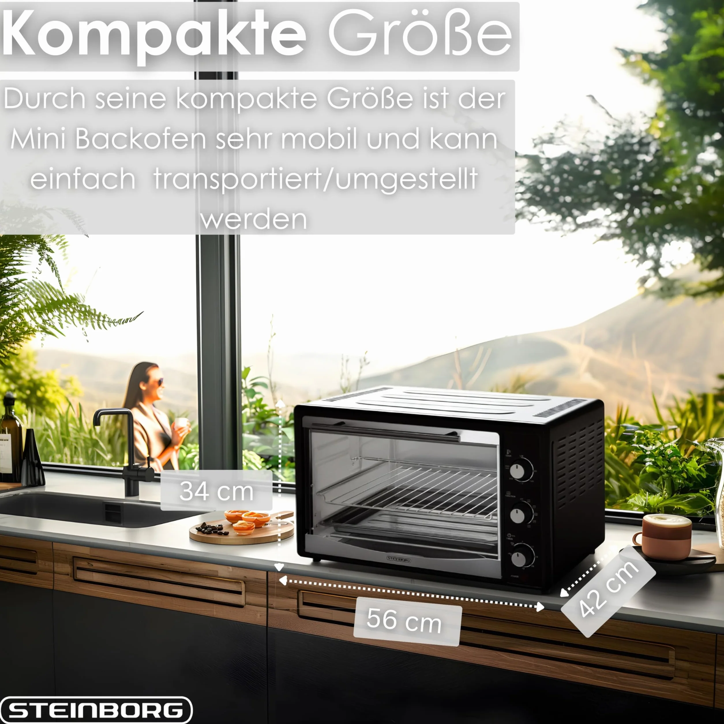 Mini piekarnik 45 litrów z termoobiegiem | elektryczny rożen obrotowy | 1800 W | piec termoobiegowy | piec do pizzy | oświetlenie wewnętrzne | w zestawie blacha do pieczenia i ruszt do grillowania |