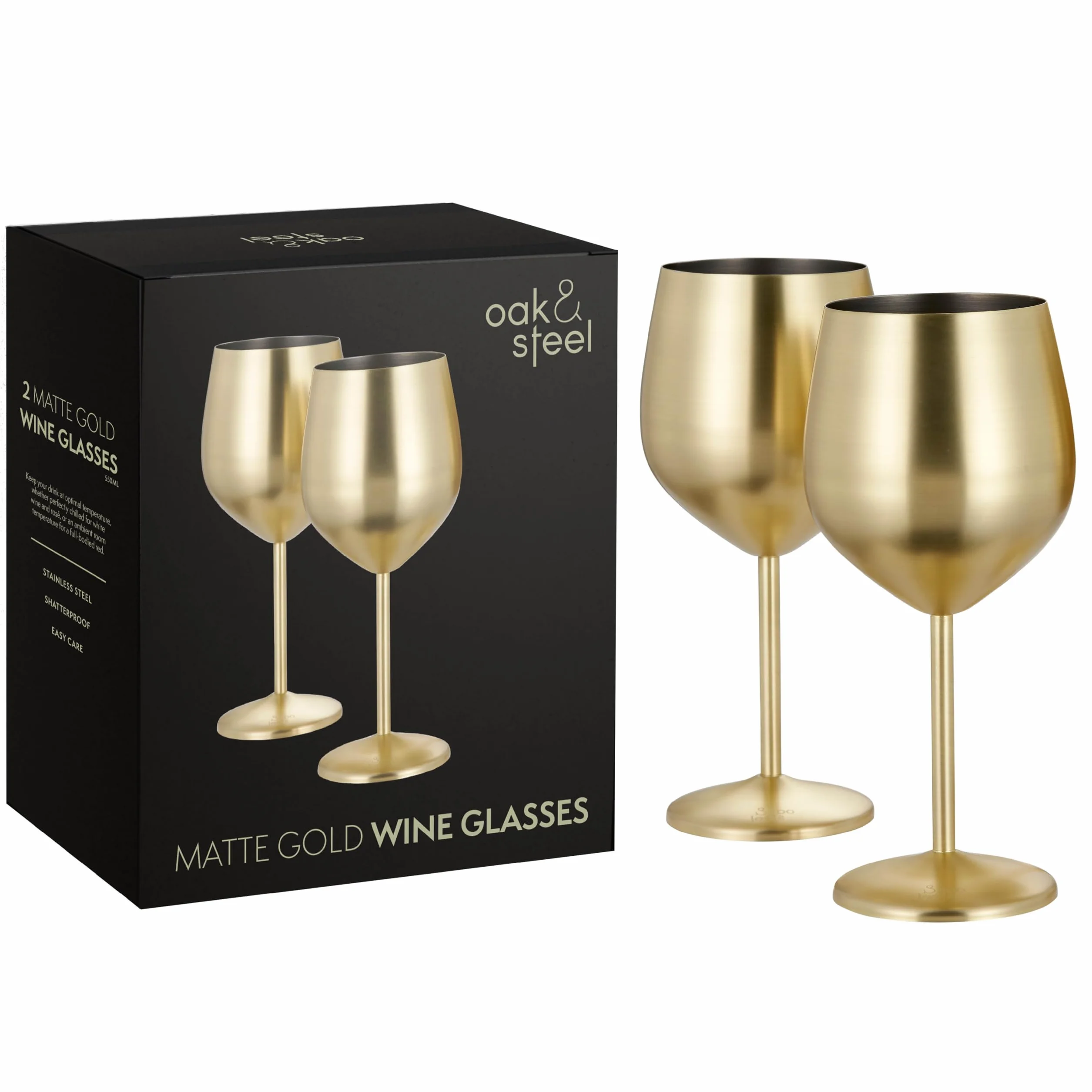 Oak & Steel - 2 złote matowe kieliszki do wina, 550 ml - Stal nierdzewna - Niezniszczalny szklany zestaw upominkowy do domowego baru, ślubu, rocznicy, przyjęcia urodzinowego, na zewnątrz i kieliszki