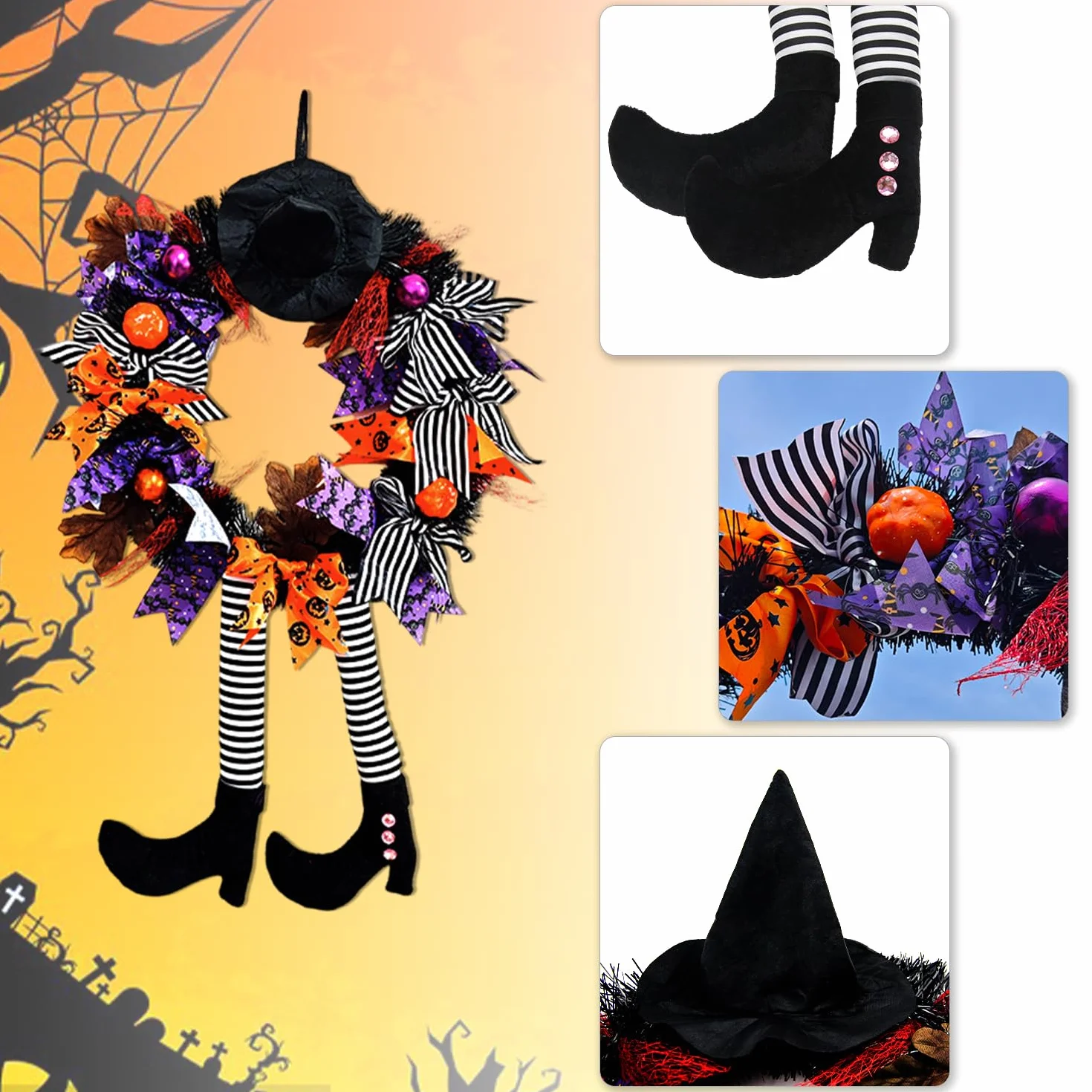 chenyu Dekoracje na drzwi Halloween Wieniec czarownic 62 cm Halloween Dekoracje Kapelusz Czarownicy z dyni Łapy Dyni Wiszące Dekoracje Kominkowe Pokoje
