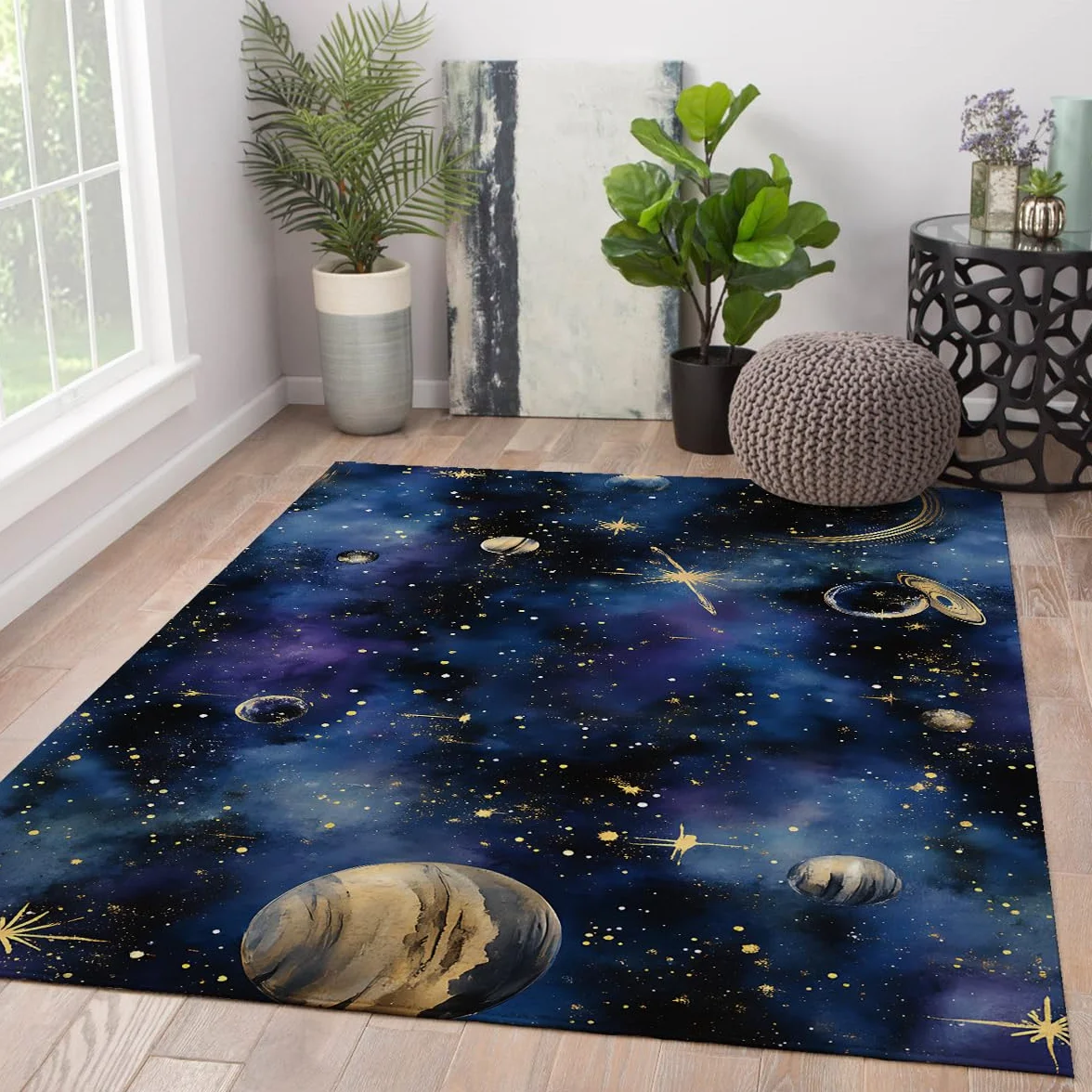 Dywan podłogowy o tematyce kosmicznej 180 x 270 cm - fioletowy i niebieski wzór mglisty cienki dywan dekoracja salonu dla amatorów science fiction miękka i nadająca się do prania mata