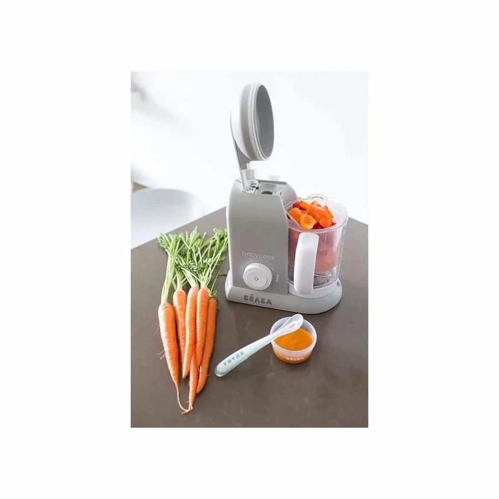BÉABA - Babycook Solo - 4 w 1 urządzenie do przygotowywania posiłków dla niemowląt - delikatne parowar - szybkie gotowanie na parze w 15 minut - kosz do gotowania ze stali nierdzewnej - szary