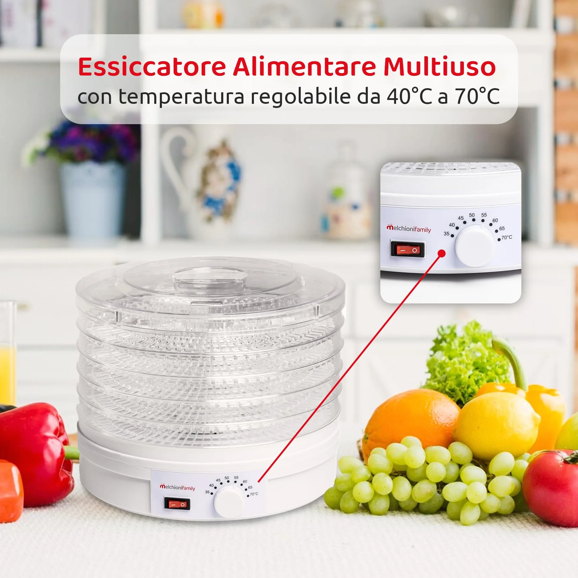 Melchioni family 4823800 Babele MELCHIONI suszarka elektryczna, 5 półek, 250 W, do urządzeń gospodarstwa domowego, plastik, biała
