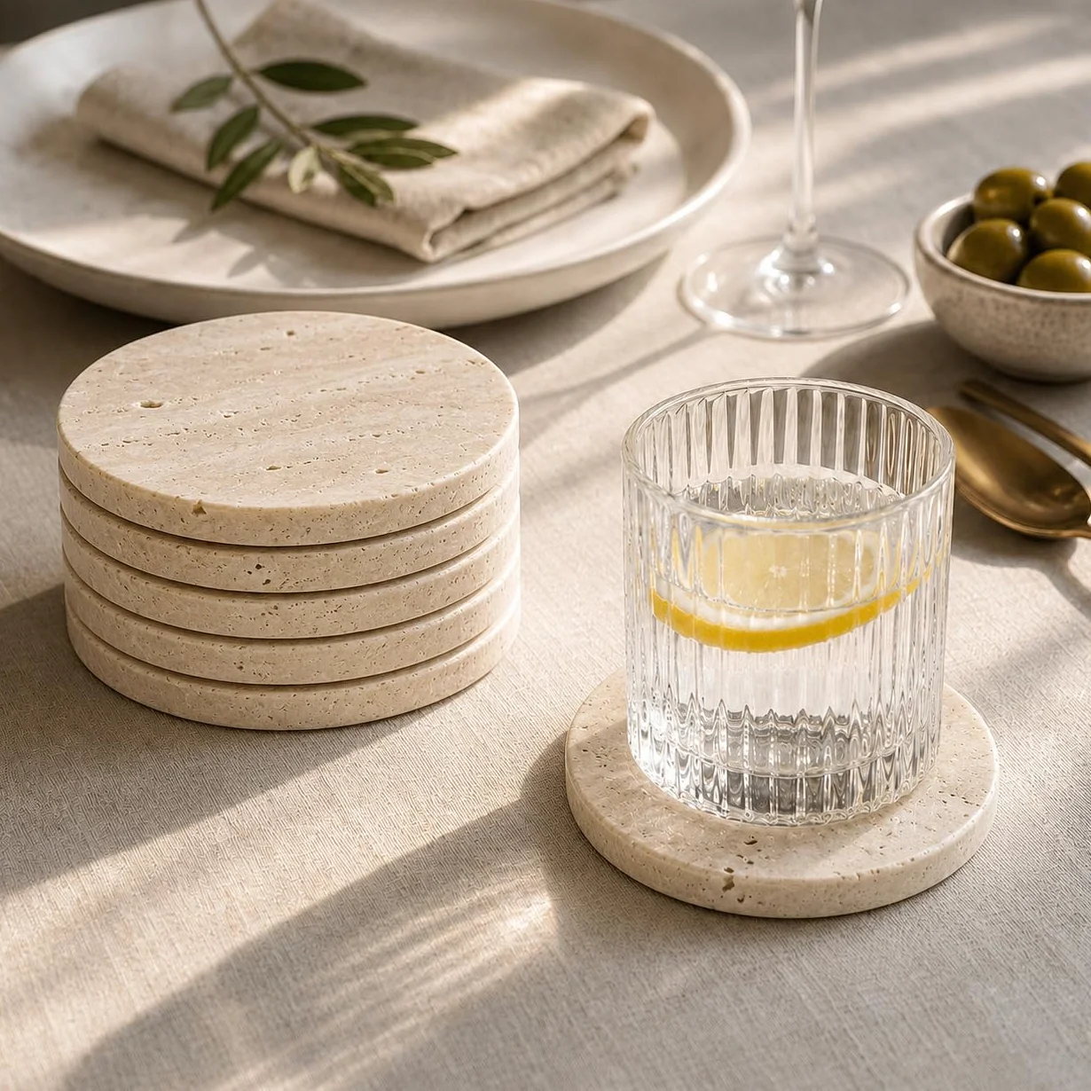 Kalu Creations | Eleganckie podstawki z okrągłego trawertyna – zestaw 6 podstawek z kamienia naturalnego – rękodzieło wyprodukowane we Włoszech - eleganckie akcesoria do stołu