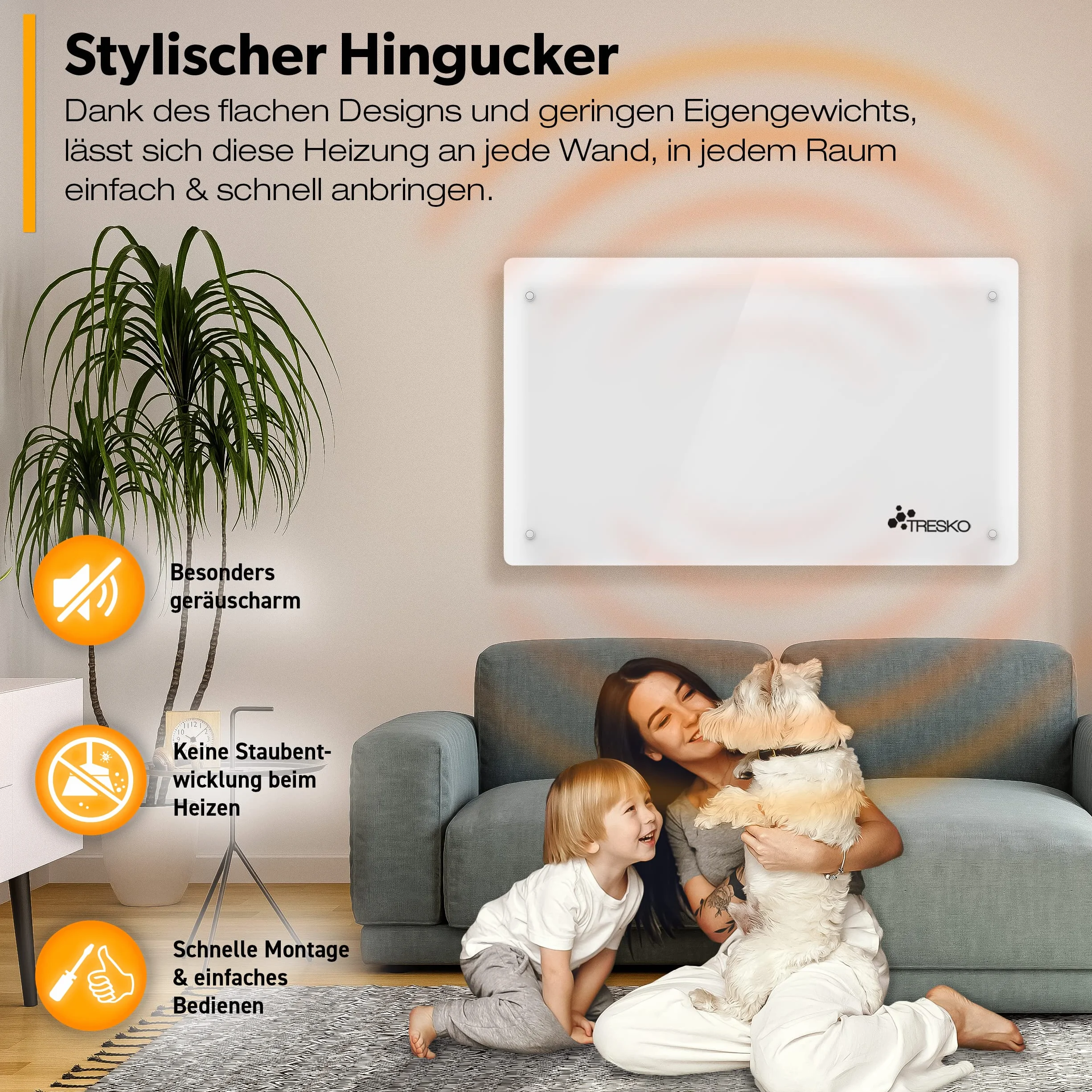TRESKO® Szklany konwektor grzejnik elektryczny 2000 W jako ogrzewanie stojące lub ścienne | Grzejnik elektryczny ze szkła | grzejnik elektryczny konwektorowy | grzejnik elektryczny, energooszczędny, cichy