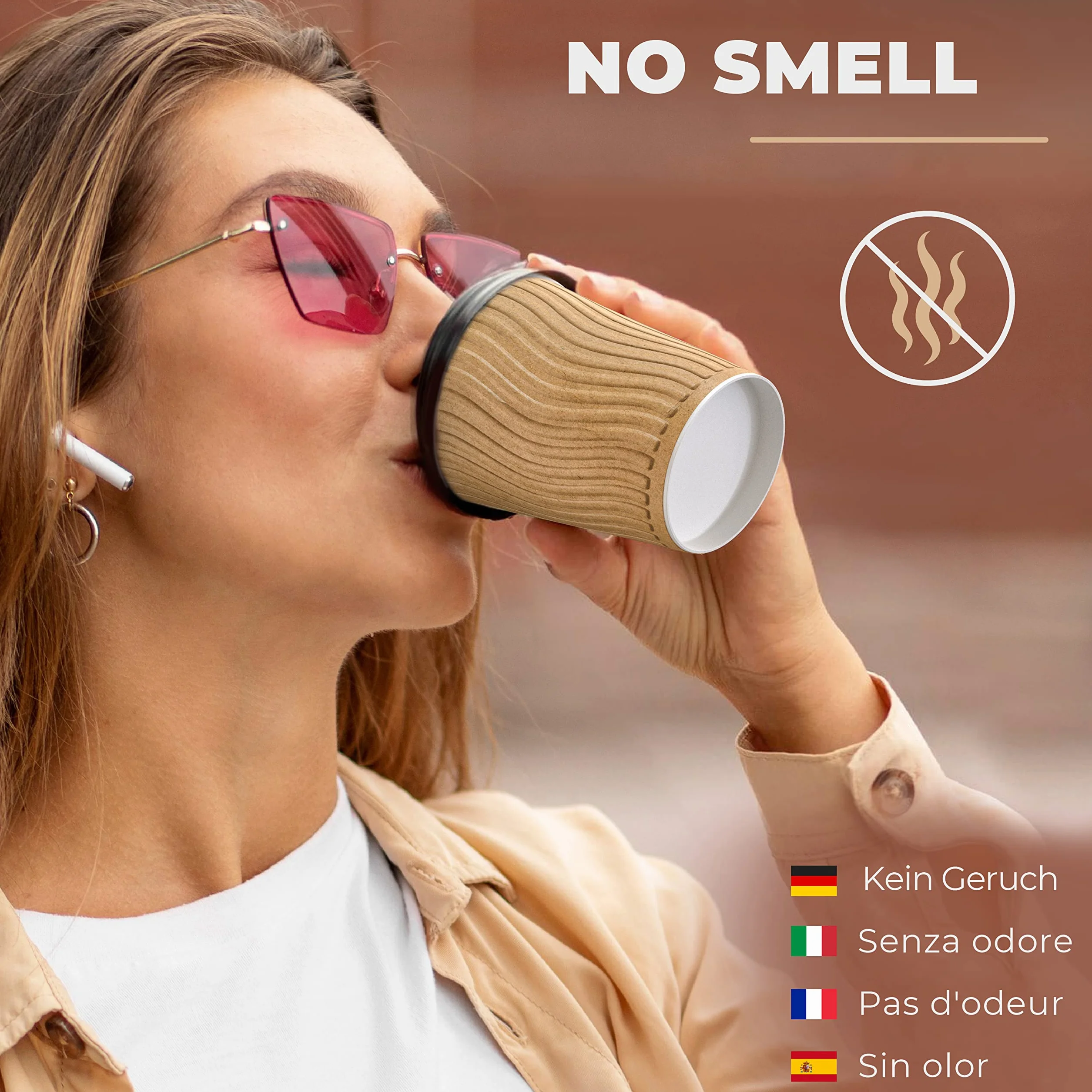 CupCup 110 Falowanych Kubków Kraft 240 ml z Podwójnymi Ściankami 'To Go' z Pokrywkami i Drewnianymi Mieszadłami do Serwowania Kawy na Wynos, Herbaty, Gorących i Zimnych Napojów