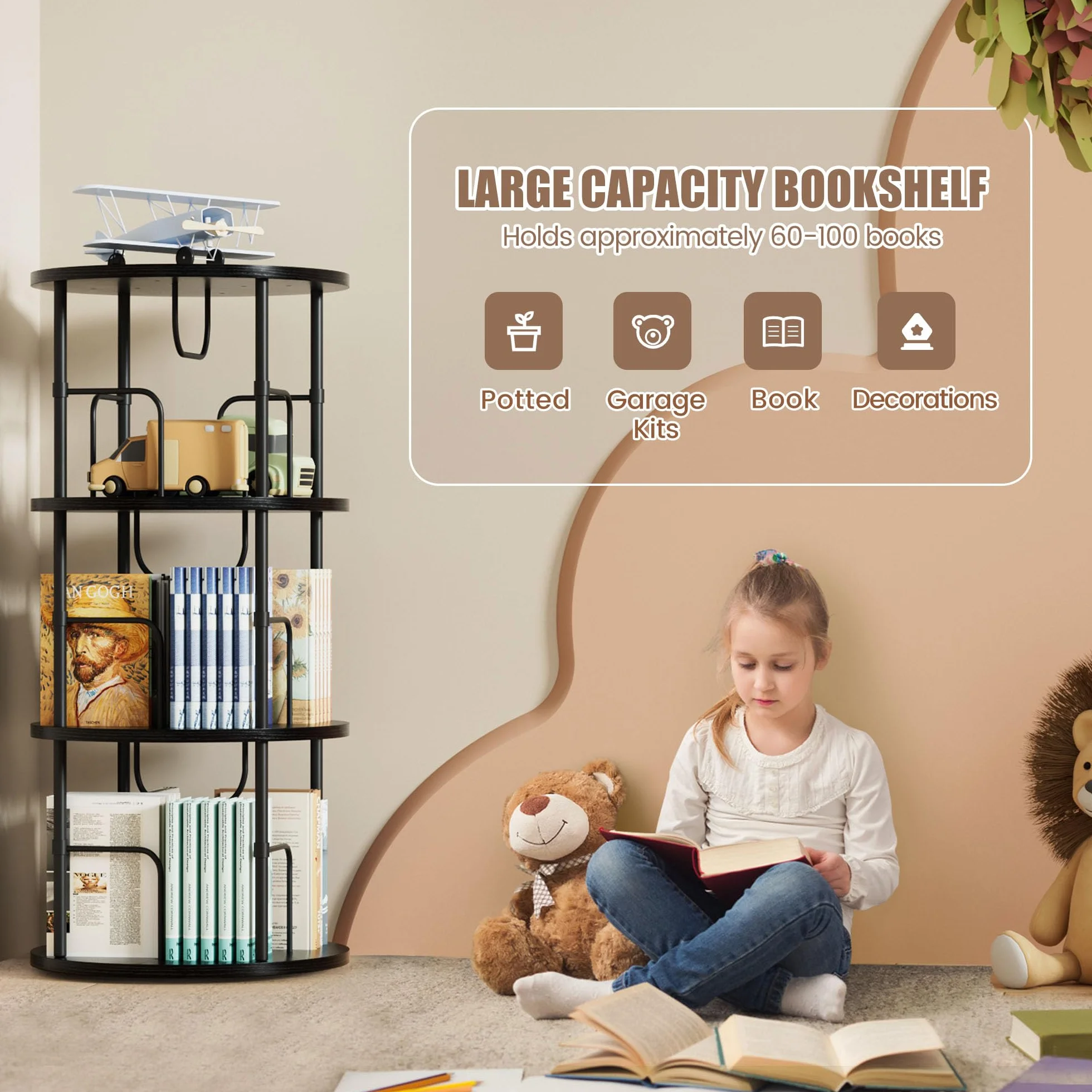 Generisch Regał na książki obracany o 360°, stojący regał na książki z drewna, półka na książki z 3 poziomami, regulowane poziomy, regał stojący, 45 x 45 x 97 cm, czarny