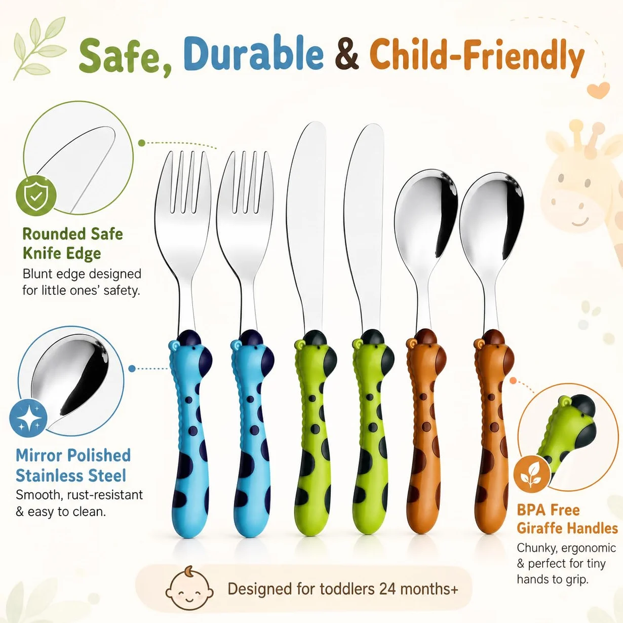 EXZACT dzieci sztućce 6 szt stal nierdzewna dzieci żyrafa 24M+ | do zmywarki BPA bez uchwyty łatwy chwyt Toddlers codzienny posiłki pokój dziecięcy Utensil sztućce łyżki widelce noże