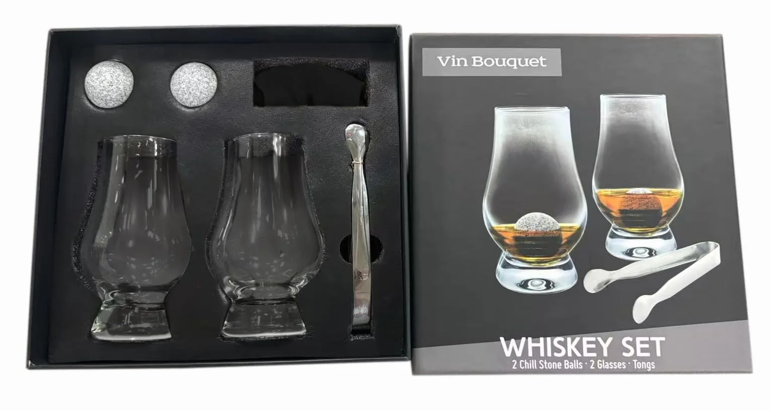 VB VIN BOUQUET FI 1553 SET Klasyczny zestaw do whisky z 2 szklankami 300 ml, kamieniami granitowymi i szczypcami ze stali nierdzewnej, pudełko prezentowe