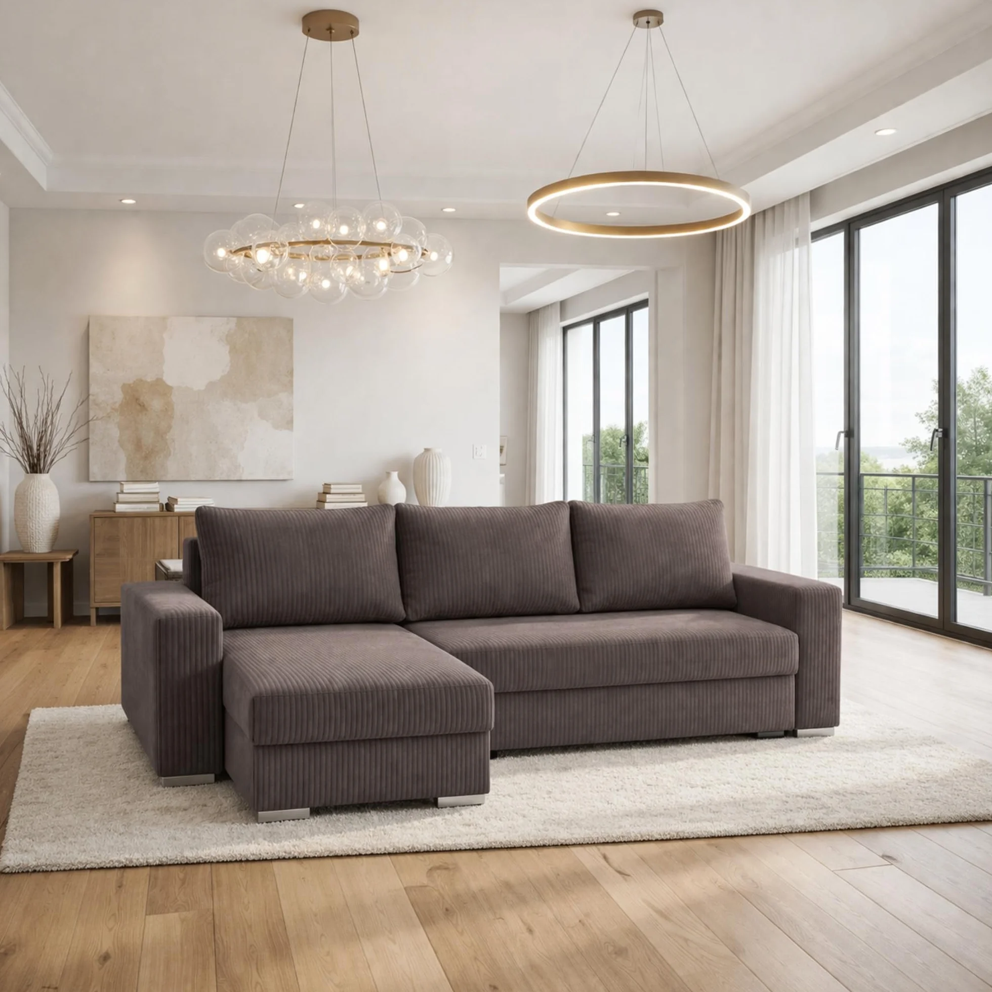 Narożnik Bravia z funkcją spania – Wolnostojący – Komfort i styl w minimalistycznej formie Automat ułatwiający rozkładnie – 235 x 140 x 90 cm – Zoom 6 (Brąz)