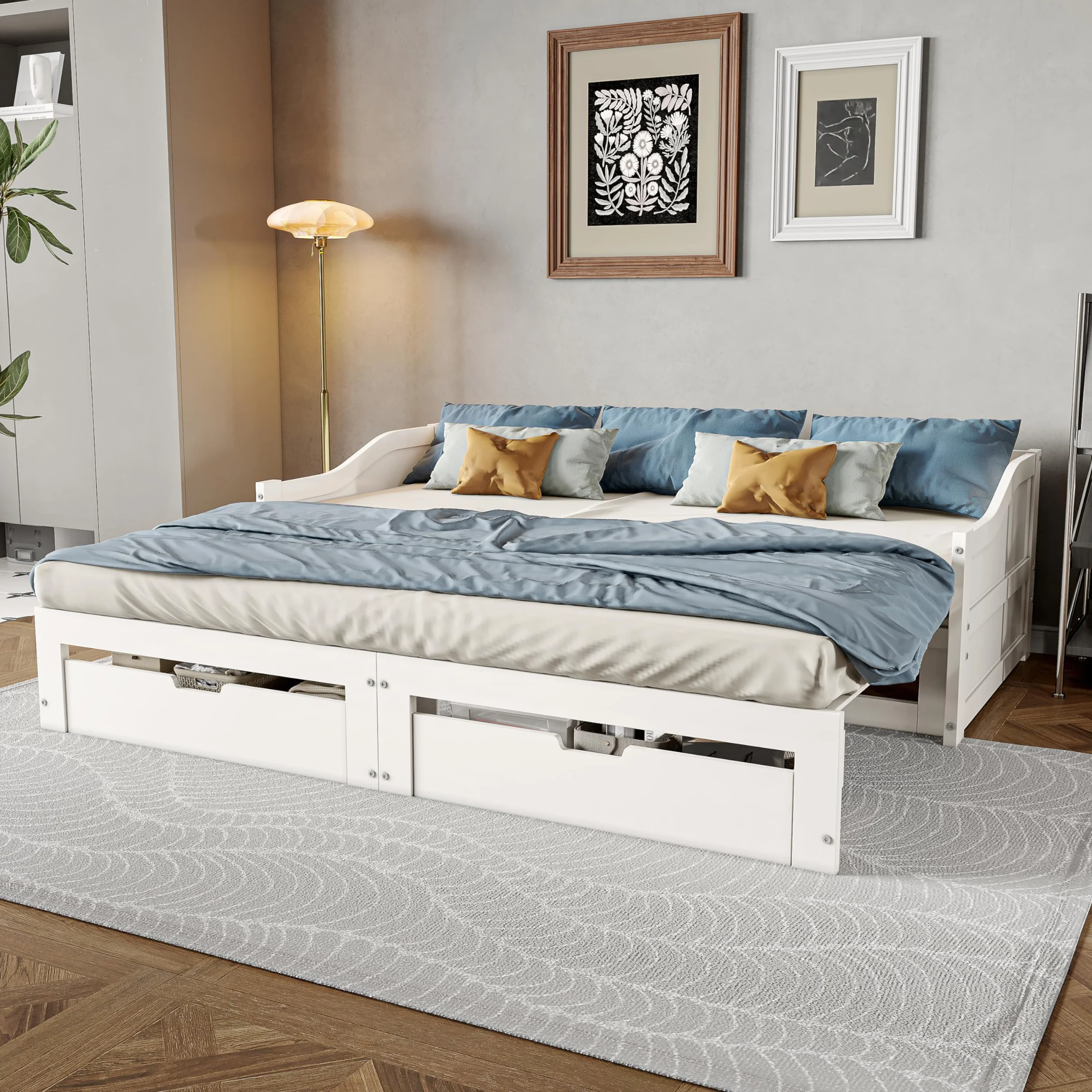 Sofa rozkładana 90/180 x 200 cm z litego drewna, składane łóżko z 2 szufladami, balustrada i podłokietniki, bez poduszek, idealna do pokoju dziecięcego lub salonu (lite drewno)