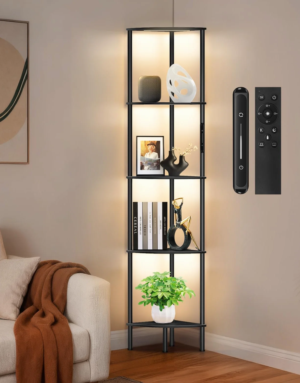 5-poziomowy narożny regał 169 cm z regulowanym oświetleniem LED, dotykowym i zdalnym sterowaniem, 3 barwy światła – wysoki, wąski regał do salonu, sypialni i małych przestrzeni