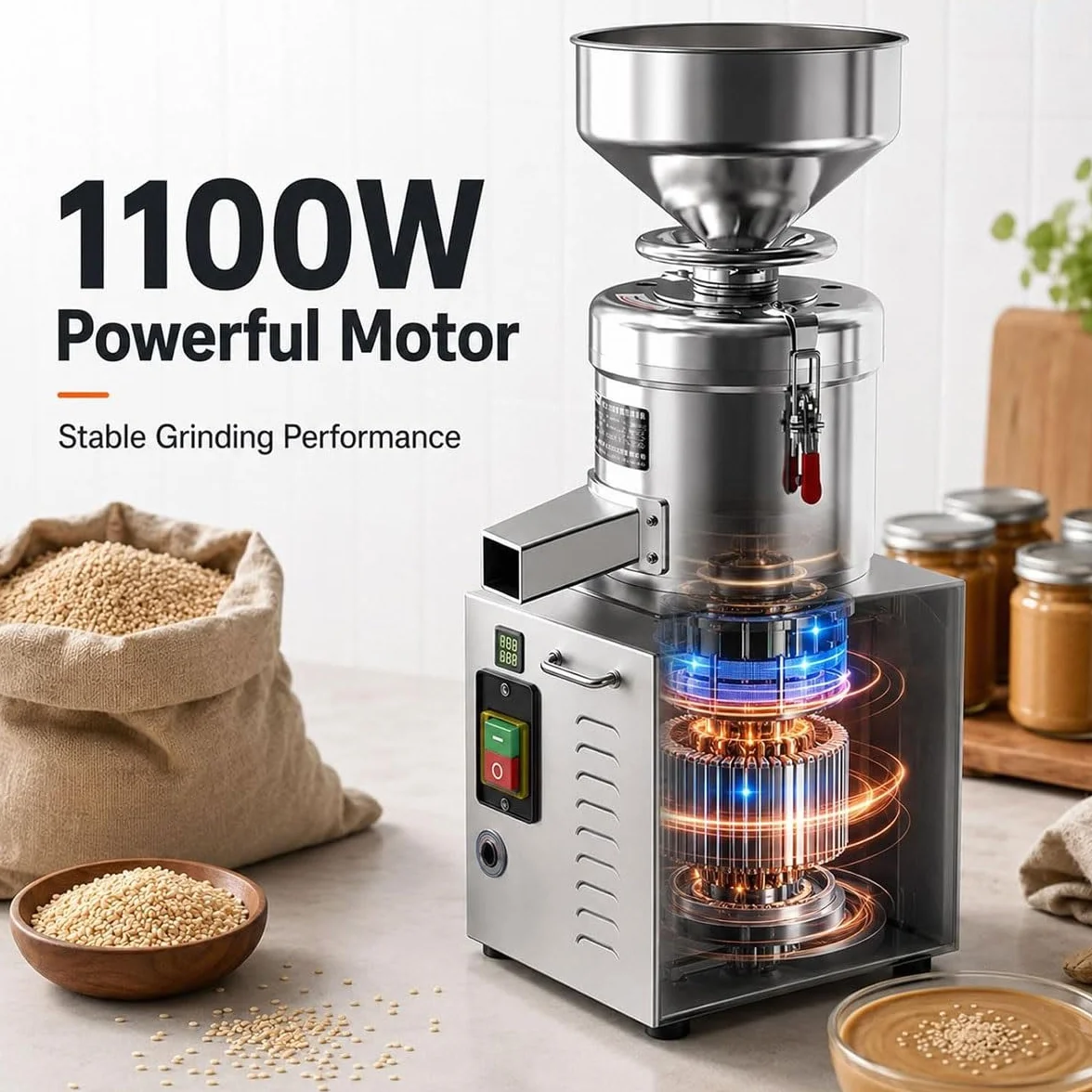 Komercyjny młynek masła orzechowego mocy 1,1kW,17,5kg/h,do sezamu orzechów | Elektryczna maszyna robienia masła sezamowego,regulowana grubość,duży zbiornik 300mm,stal nierdzewna(304 Stainless steel)