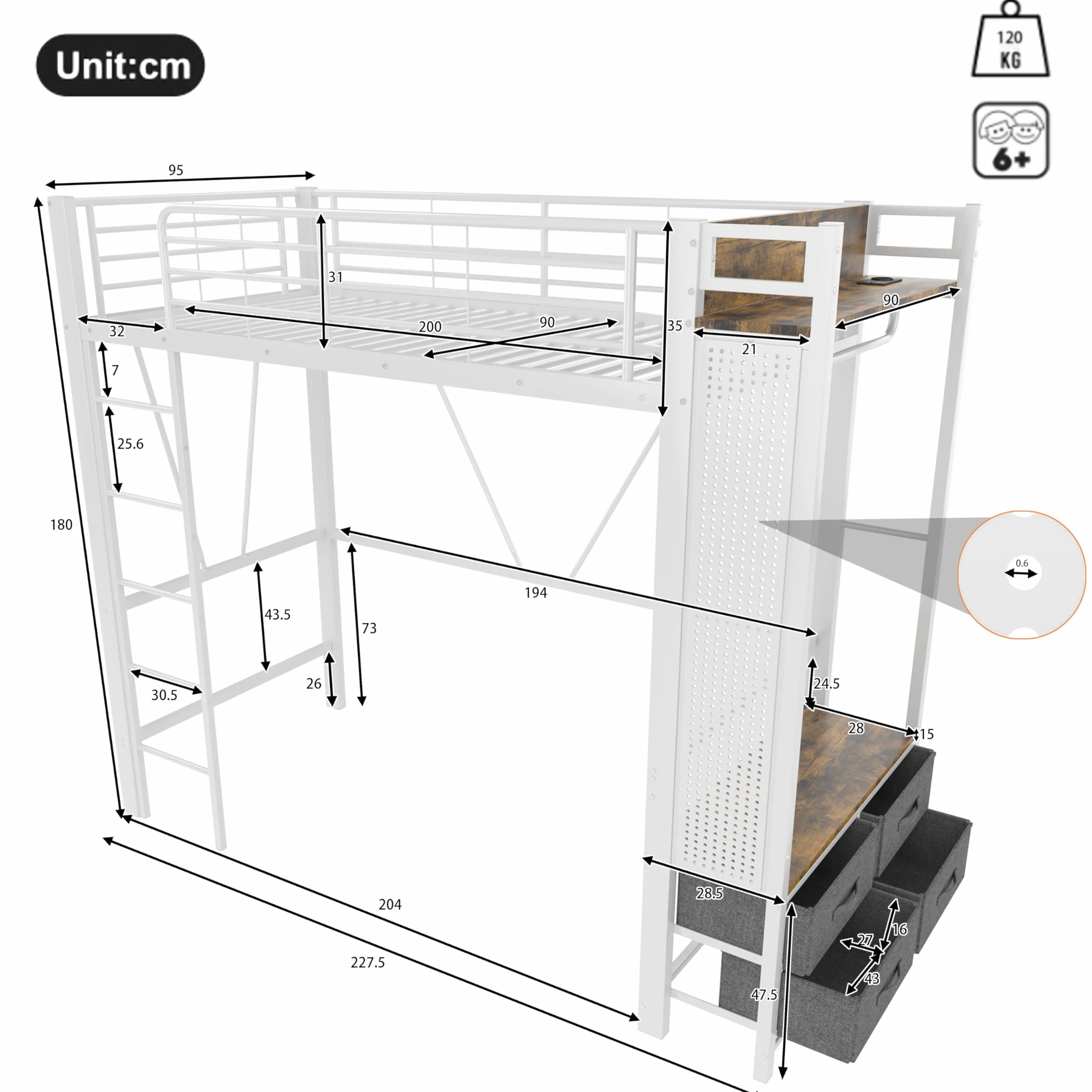 OKMYHOME Łóżko antresolowe 90x200 cm - łóżko dekoracyjne z biurkiem i miejscem do przechowywania - metal i MDF - bez materaca - białe
