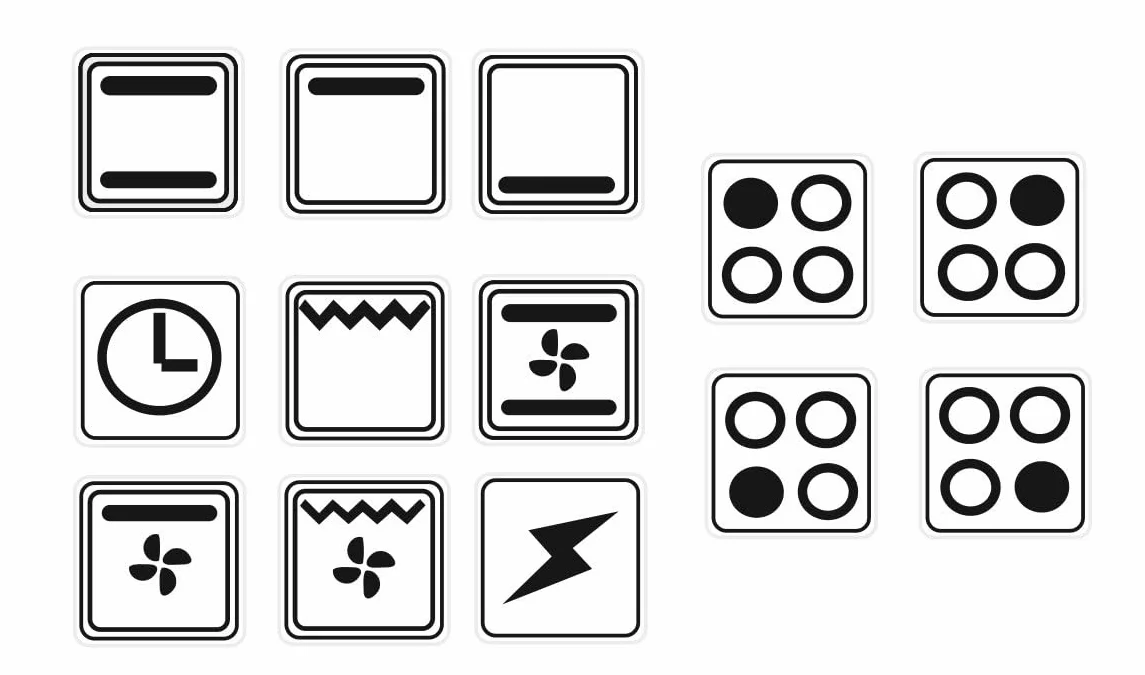 Zestaw naklejek na kuchenkę elektryczną, kuchenkę gazową, piekarnik, symbol oznaczenia (RPM2/1) (czarne symbole na przezroczystym tle, 9 mm)