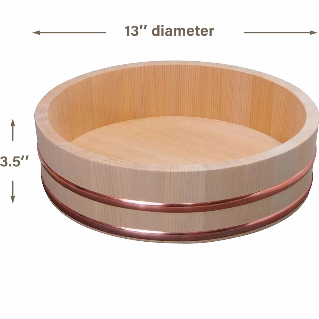 TIKUSAN Drewniana wanna do mieszania ryżu Hangiri Miedziana opaska wyprodukowana w Japonii Sushi Rice Bowl Sushi Oke (33 cm)