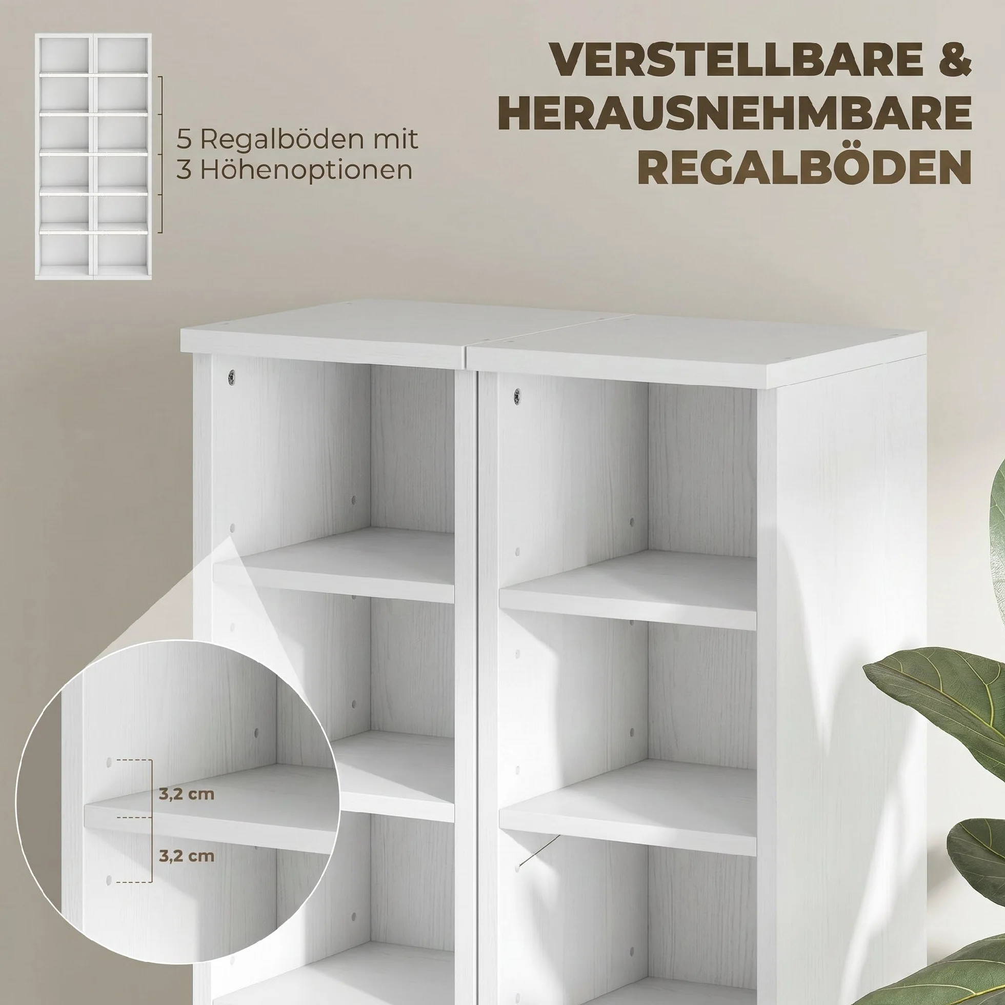 HOMCOM Regał na płyty CD, DVD i Blu-ray, zestaw 2 sztuk, możliwość układania w stos, 21 x 22,5 x 88,5 cm, biały | Regał na płyty CD, regał stojący z 5 regulowanymi półkami, regał na media, regał dekoracyjny