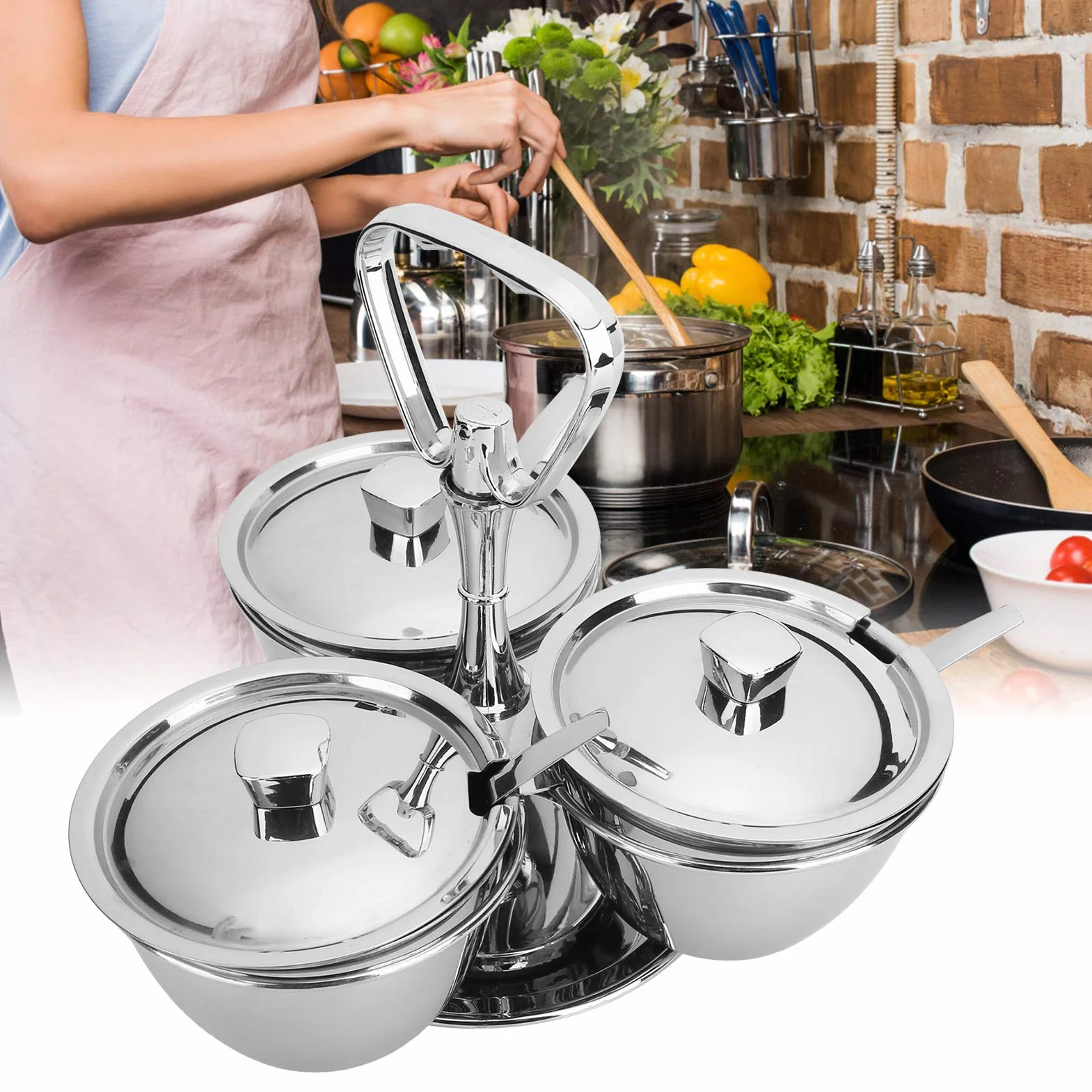 Obrotowy stojak na przyprawy, wykwintne rzemiosło stabilna podstawa mocny zestaw garnków do przypraw organizer na przyprawy dla kucharza na bar(J13390(3) Rotating seasoning pot three-piece set)