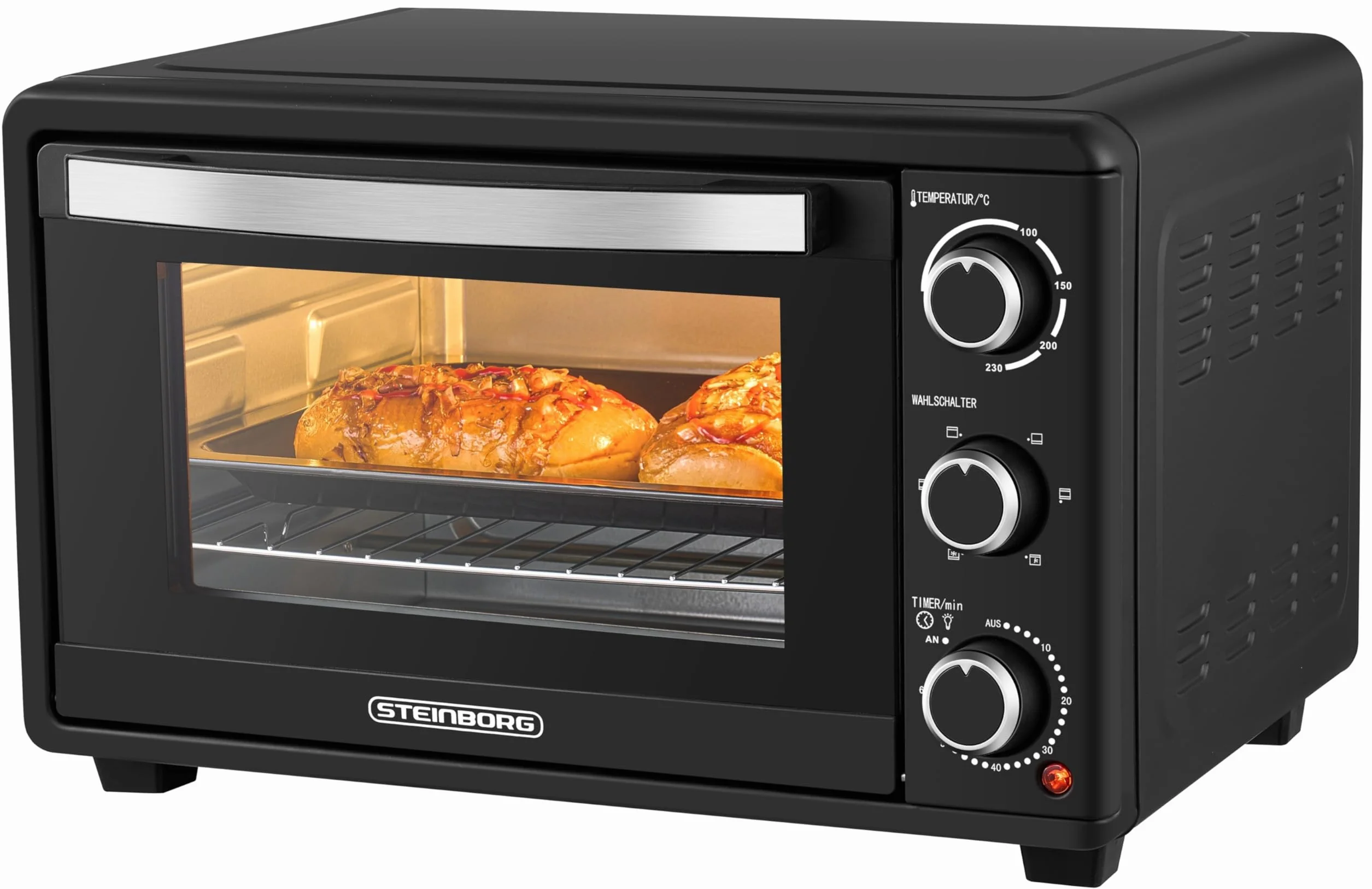 Steinborg Mini piekarnik z termoobiegiem, 25 litrów, elektryczny piec do pizzy, mini piekarnik 3 w 1, blacha na okruchy, ogrzewanie górne/dolne, energooszczędny 100-230°C, 60 min timer