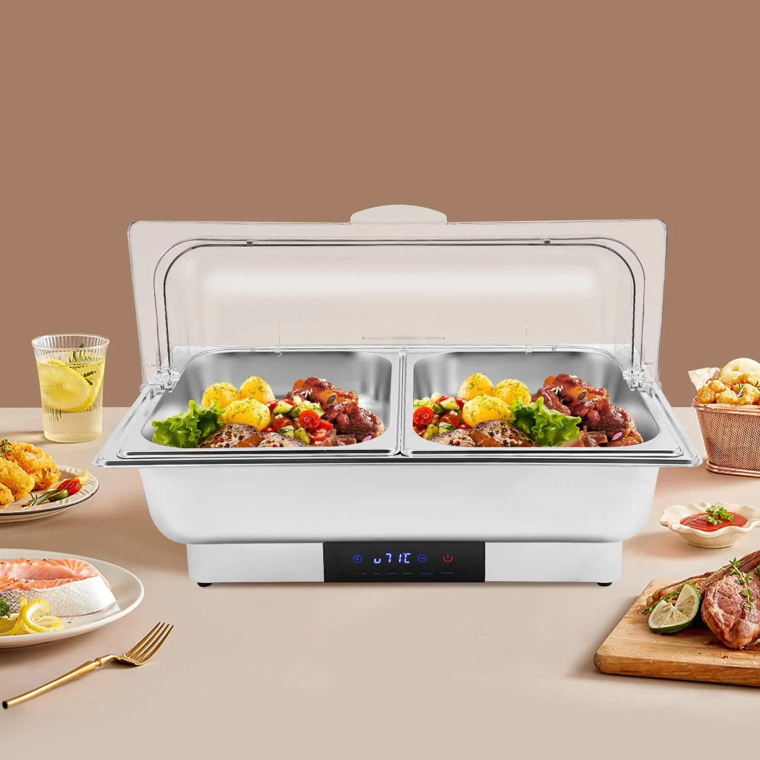 Elektryczny podgrzewacz do potraw Chafing Dish podgrzewacz do potraw na bufet ze stali nierdzewnej 9L 15L pojemnik na żywność z regulacją temperatury na imprezy, catering (2 przegród)
