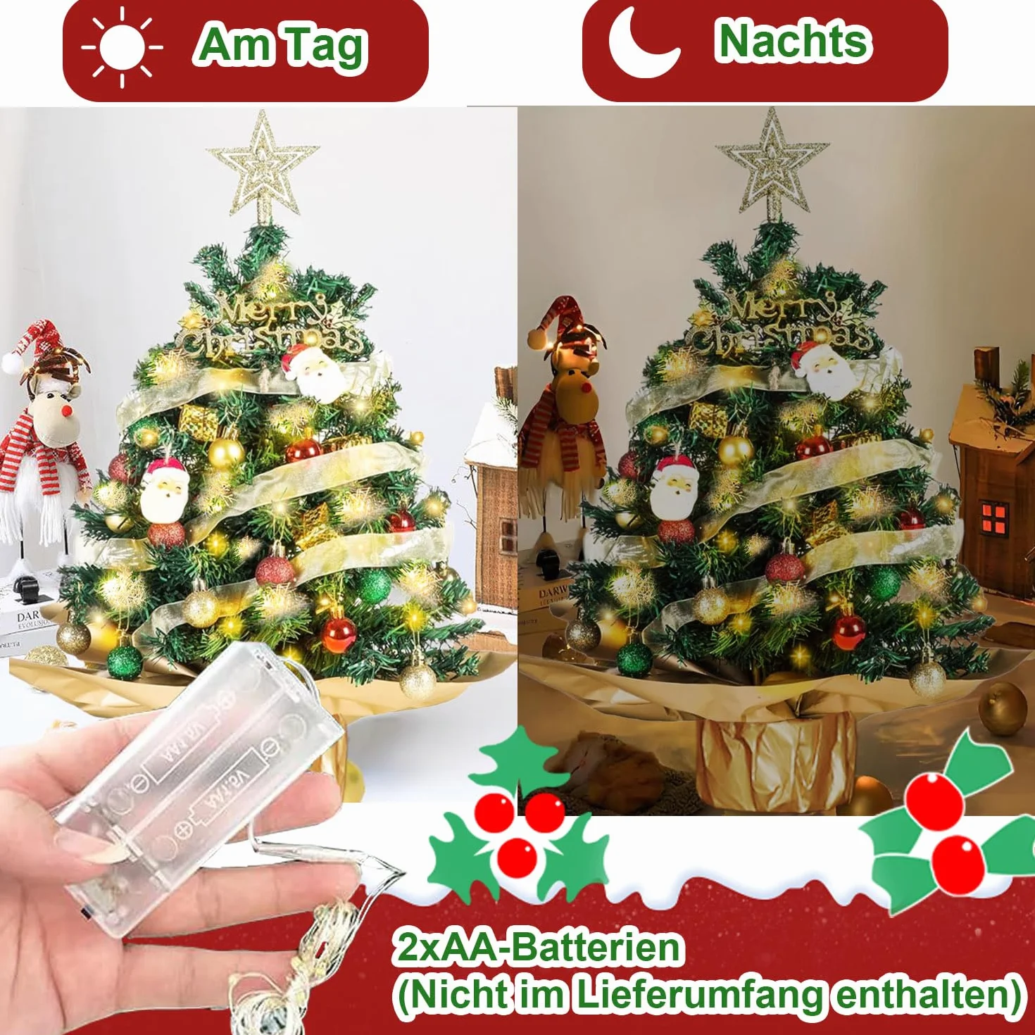mini choinka 60 cm, mała choinka z oświetleniem LED, choinka stołowa, mała, sztuczna, ozdobiona na dekoracje bożonarodzeniowe i potrzeby imprezowe - zielona