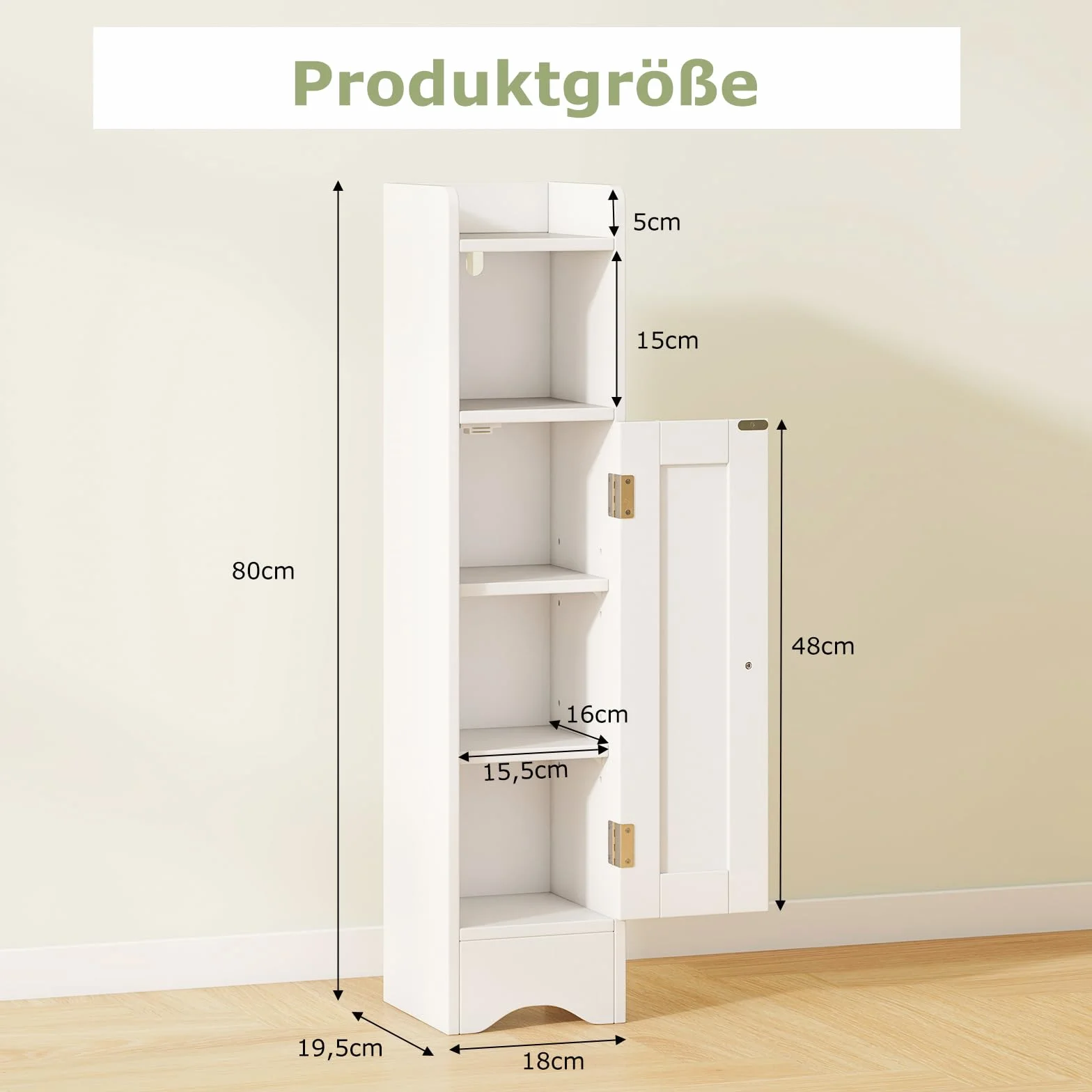 COSTWAY Szafka toaletowa, wąska, szafka łazienkowa z otwartą półką, drewniany regał łazienkowy z 2 regulowanymi półkami, szafka do przechowywania 18 x 19,5 x 80 cm (biała)