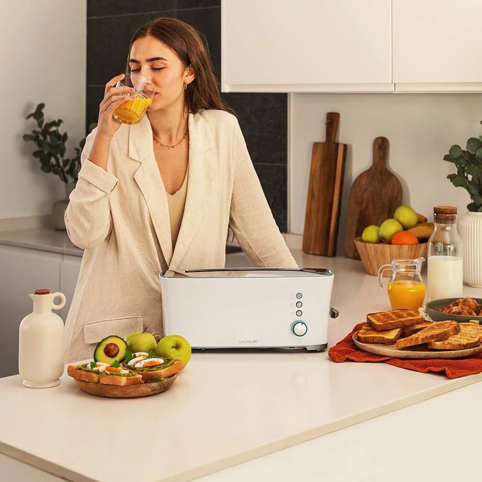 Cecotec Toster Toast&Taste Extra W,1000W mocy, Podwójne gniazdo XL dla grubych chlebów, System samocentrujący, 7 pozycji prażenia, Automatyczny wyrzut, Zbieranie okruchów