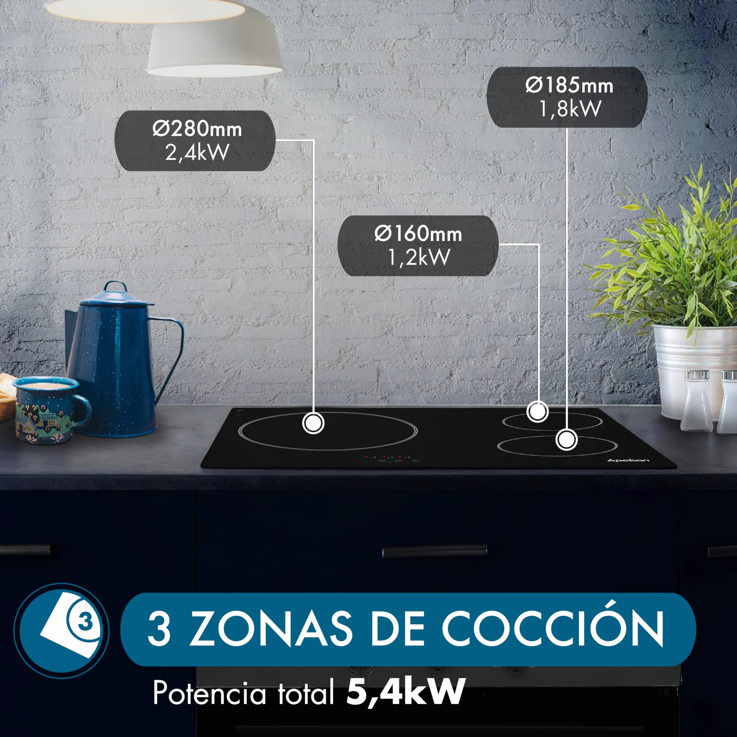 Apelson Płyta ceramiczna AVT 3600 3 Strefy Gotowanie Sterowanie Dotykowe 9 Poziomów Moc Możliwość Regulacji Funkcja Timera Alarm Blokada Bezpieczeństwa Wskaźnik ciepła Moc 5,4 kW Kolor Czarny